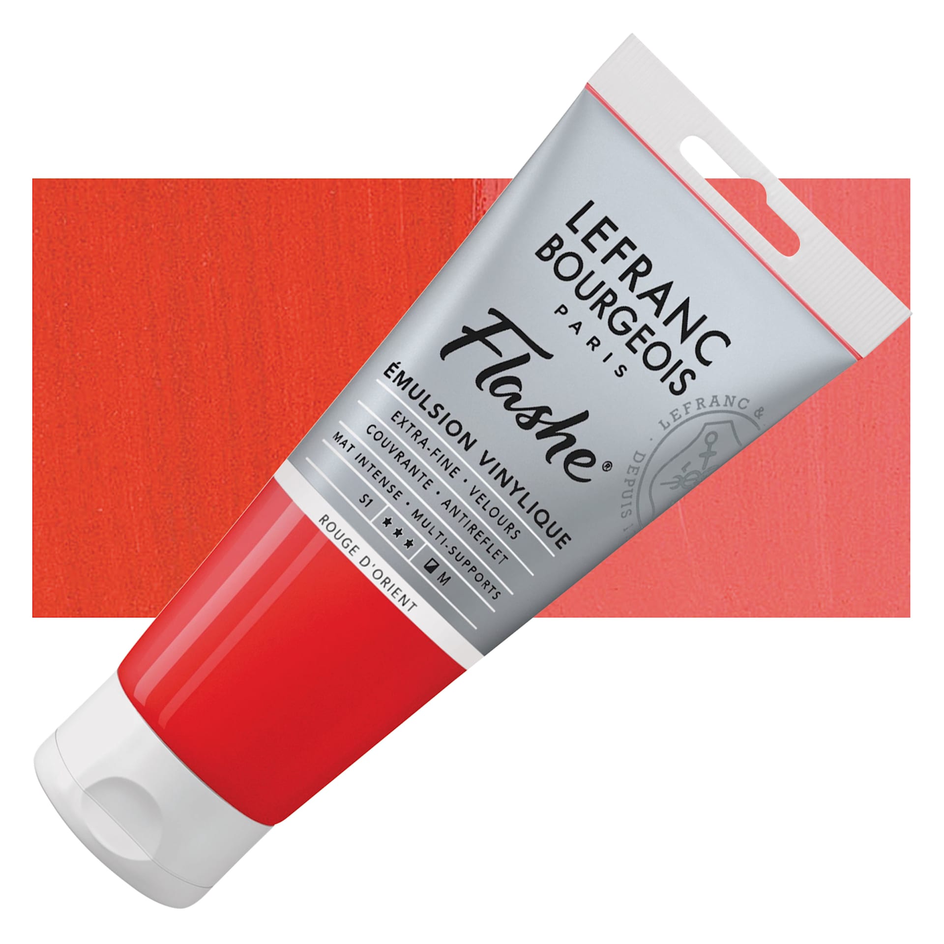 Lefranc & Bourgeois Flashe Vinyl Paint - Oriental Red, 80 ml tube and swatch
