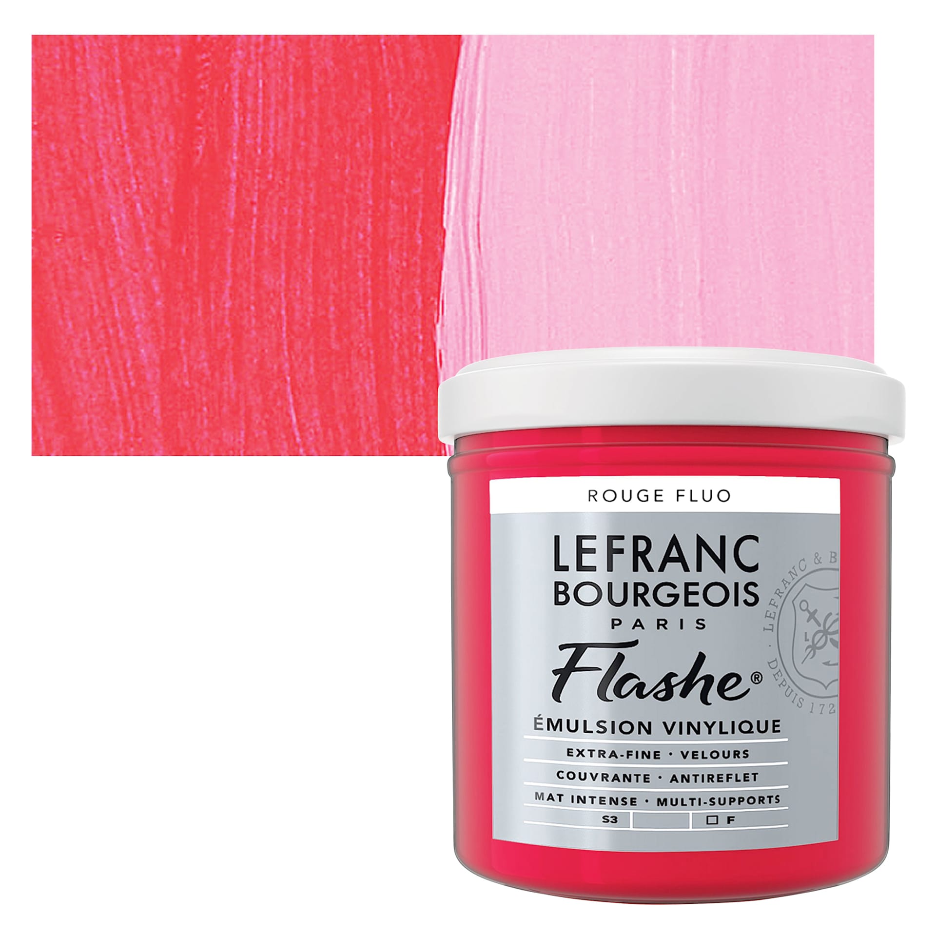 Lefranc & Bourgeois Flashe Vinyl Paint - Fluorescent Red, 125 ml jar and swatch