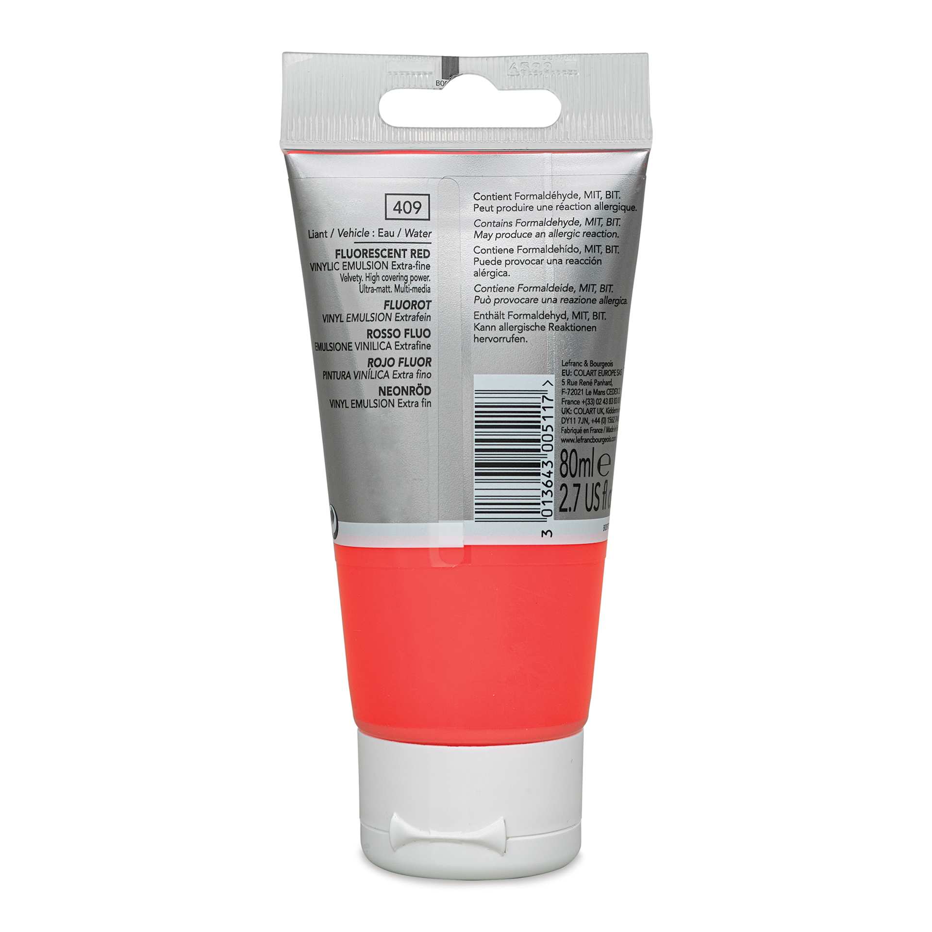 Lefranc & Bourgeois Flashe Vinyl Paint - Fluorescent Red, 80 ml tube (back of tube)
