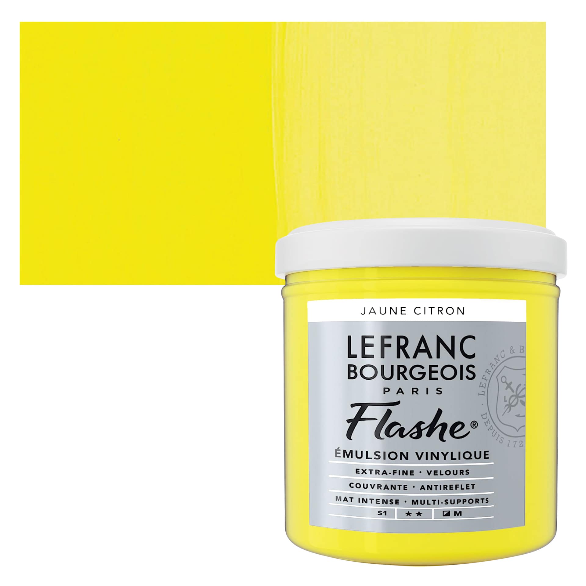 Lefranc & Bourgeois Flashe Vinyl Paint - Lemon Yellow, 125 ml jar and swatch