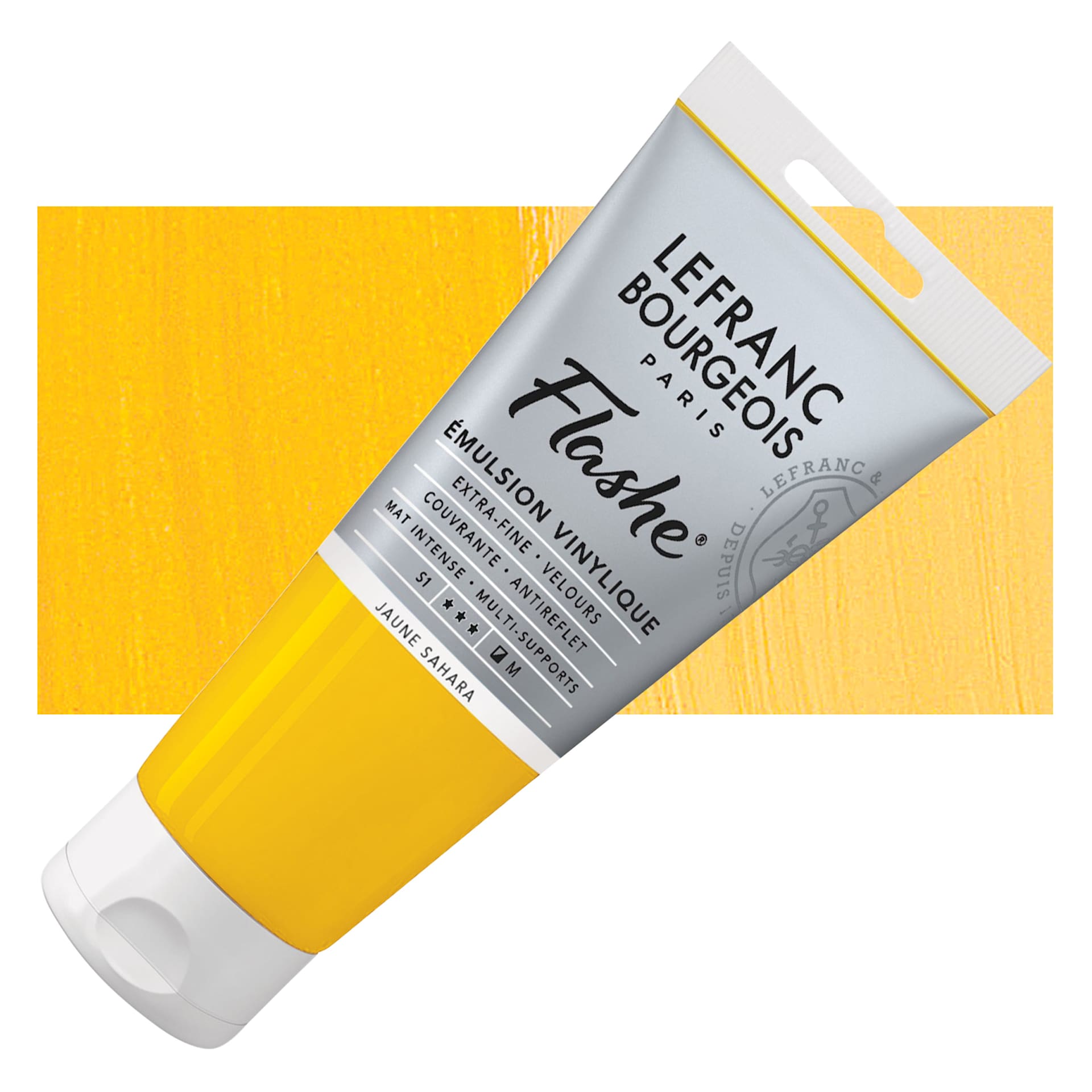 Lefranc & Bourgeois Flashe Vinyl Paint - Sahara Yellow, 80 ml tube and swatch
