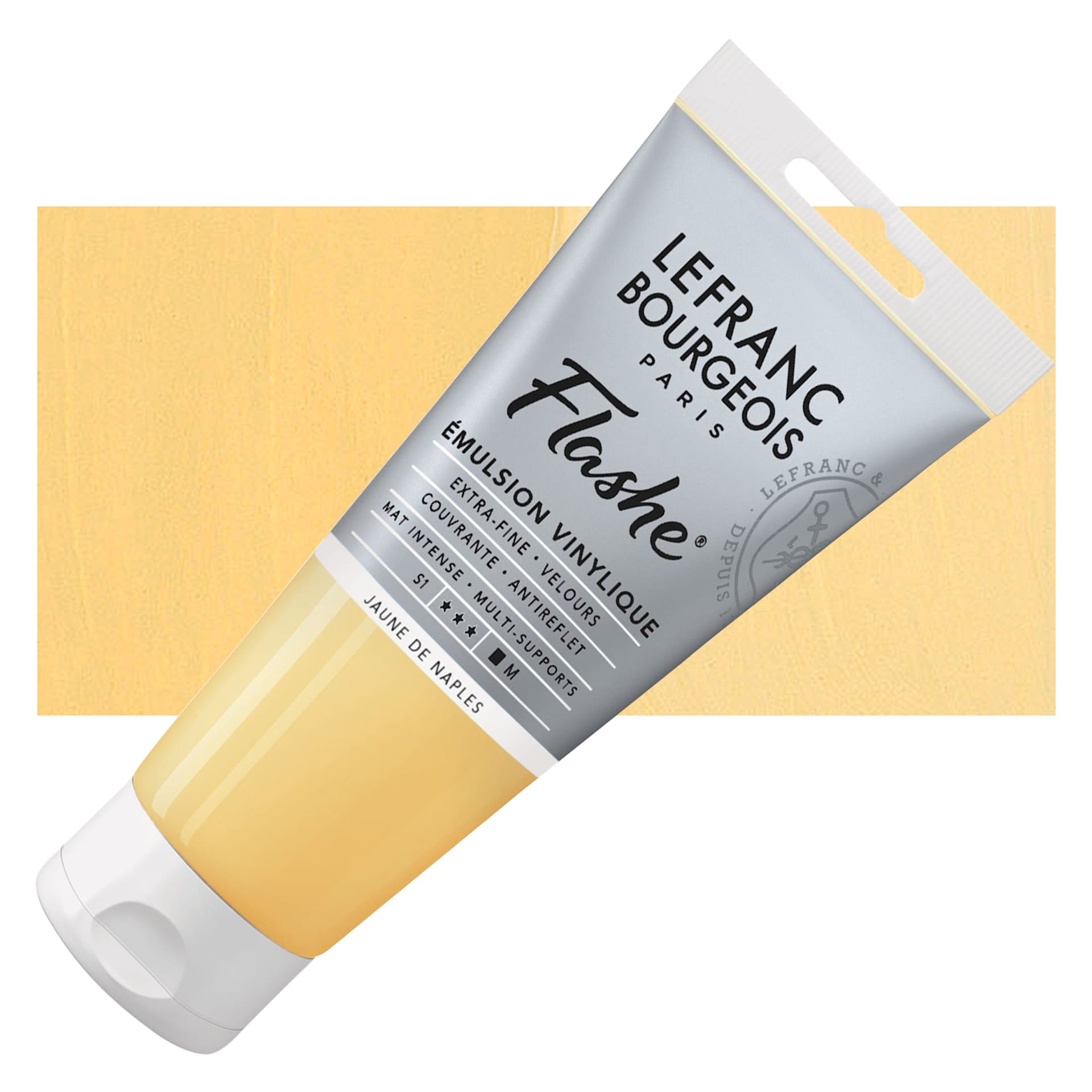 Lefranc & Bourgeois Flashe Vinyl Paint - Naples Yellow Light, 80 ml tube and swatch
