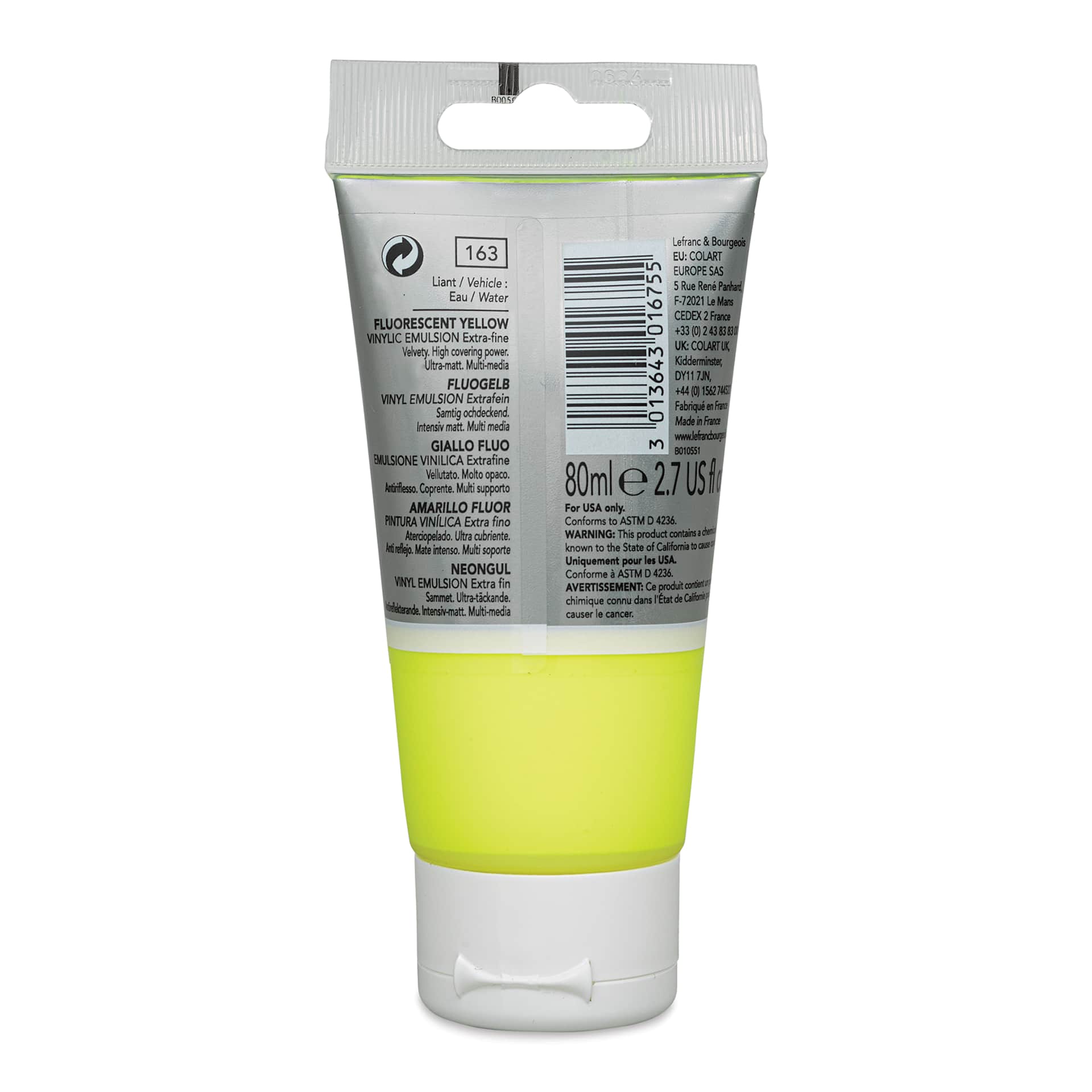 Lefranc & Bourgeois Flashe Vinyl Paint - Fluorescent Yellow, 80 ml tube (back of tube)