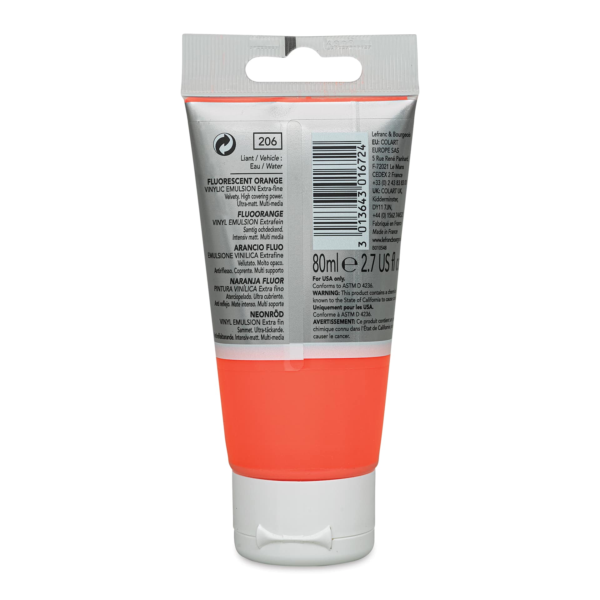 Lefranc & Bourgeois Flashe Vinyl Paint - Fluorescent Orange, 80 ml tube (back of tube)