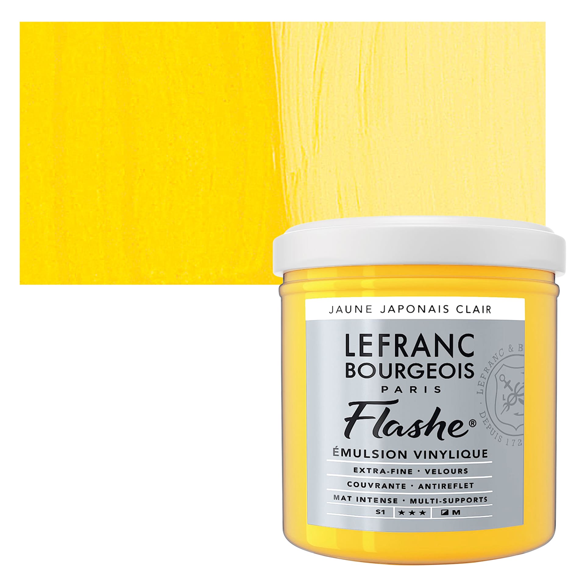 Lefranc & Bourgeois Flashe Vinyl Paint - Japanese Yellow Light, 125 ml jar and swatch