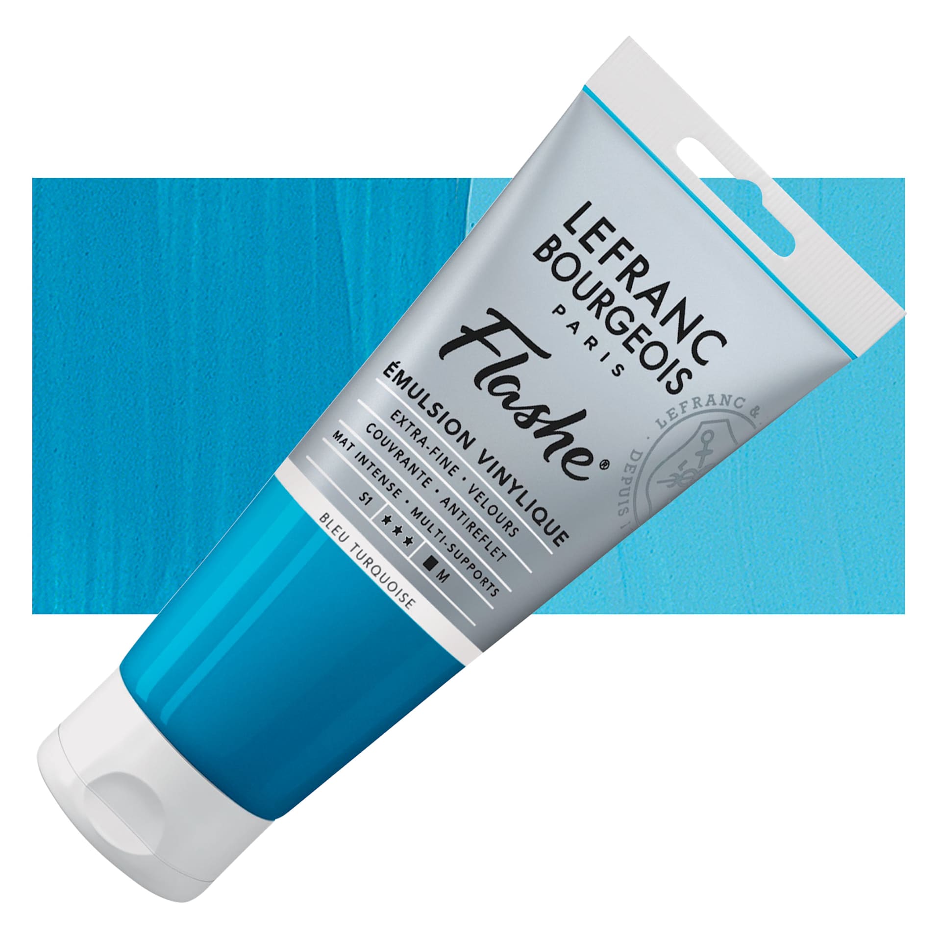 Lefranc & Bourgeois Flashe Vinyl Paint - Turquoise Blue, 80 ml tube and swatch