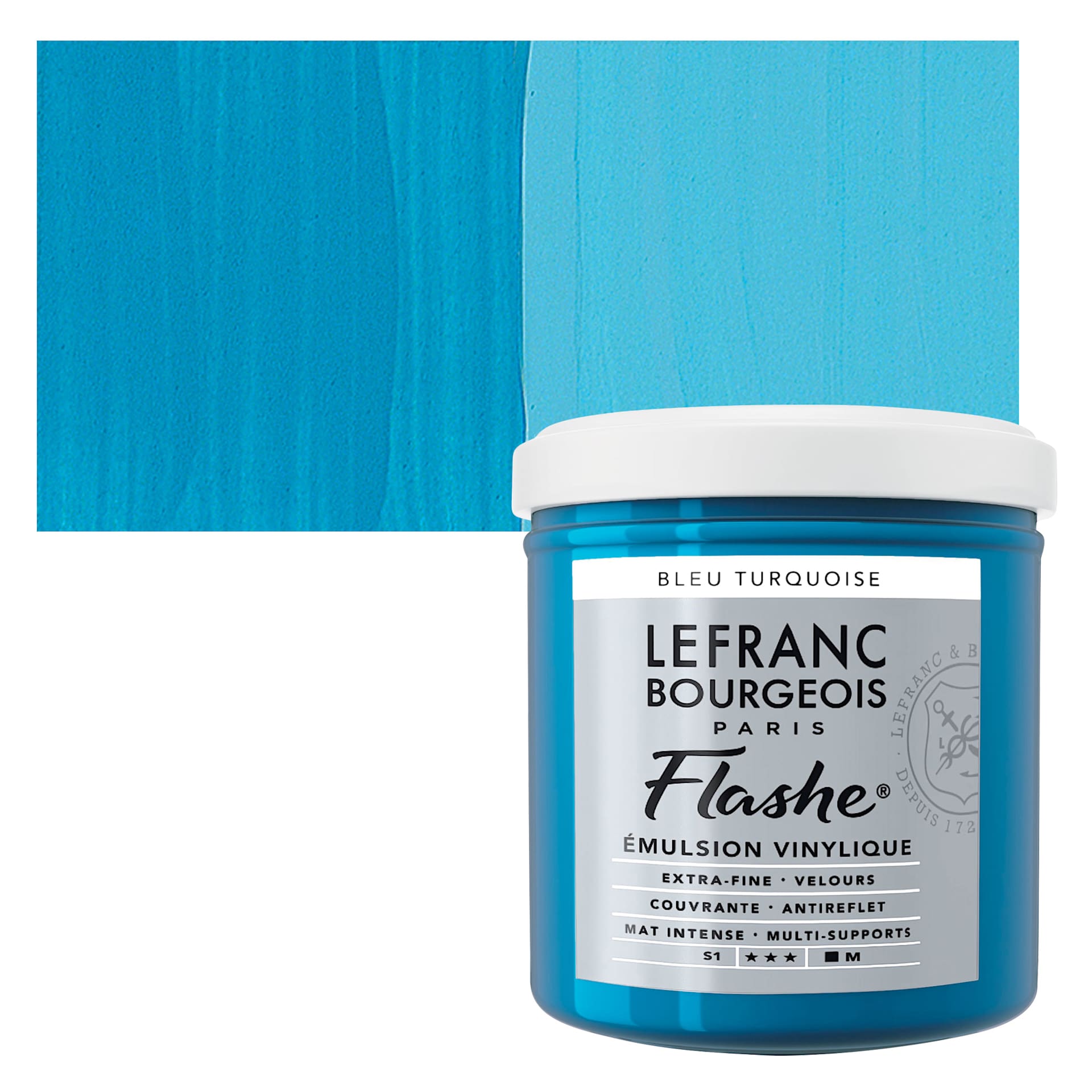Lefranc & Bourgeois Flashe Vinyl Paint - Turquoise Blue, 125 ml jar and swatch