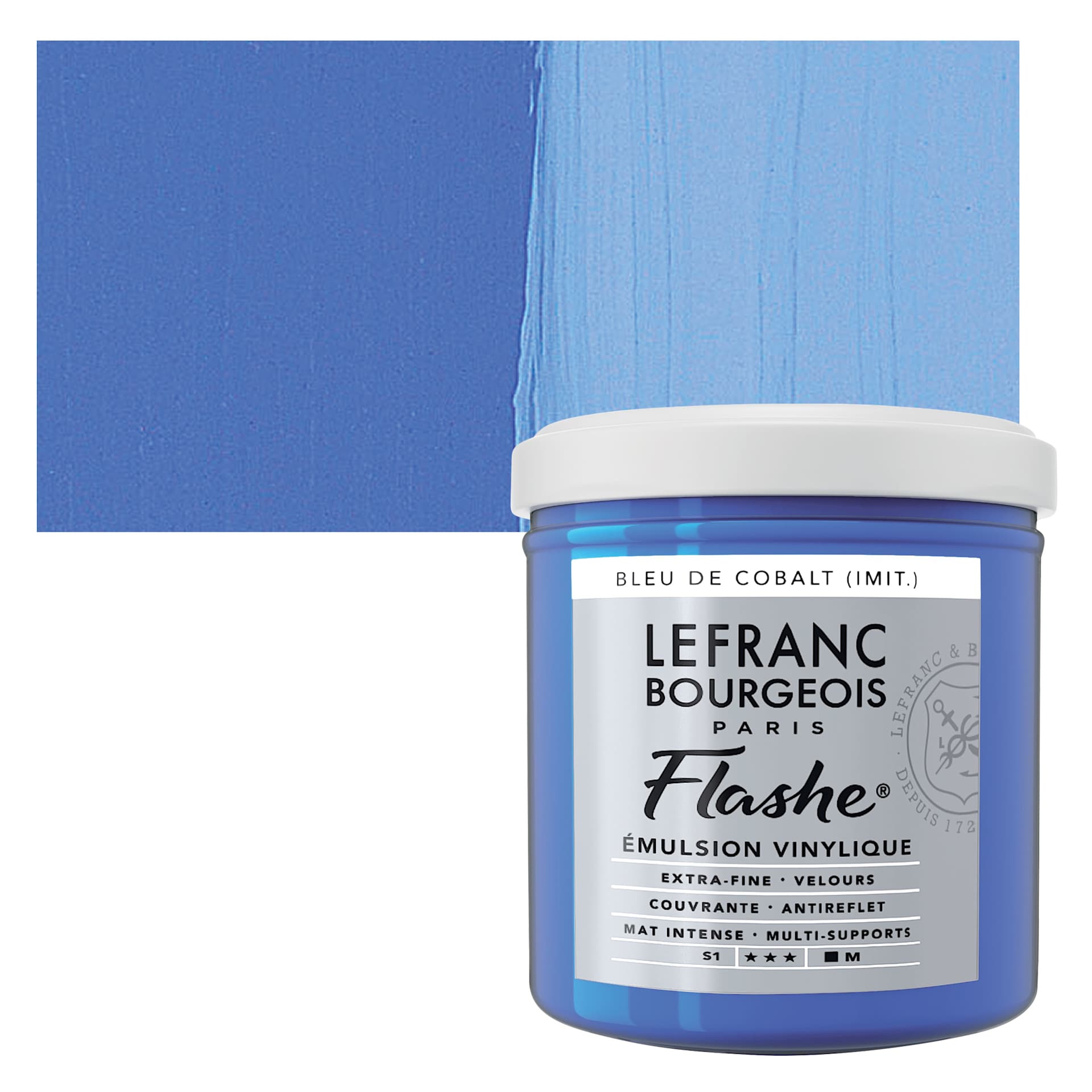 Lefranc & Bourgeois Flashe Vinyl Paint - Cobalt Blue Hue, 125 ml jar and swatch