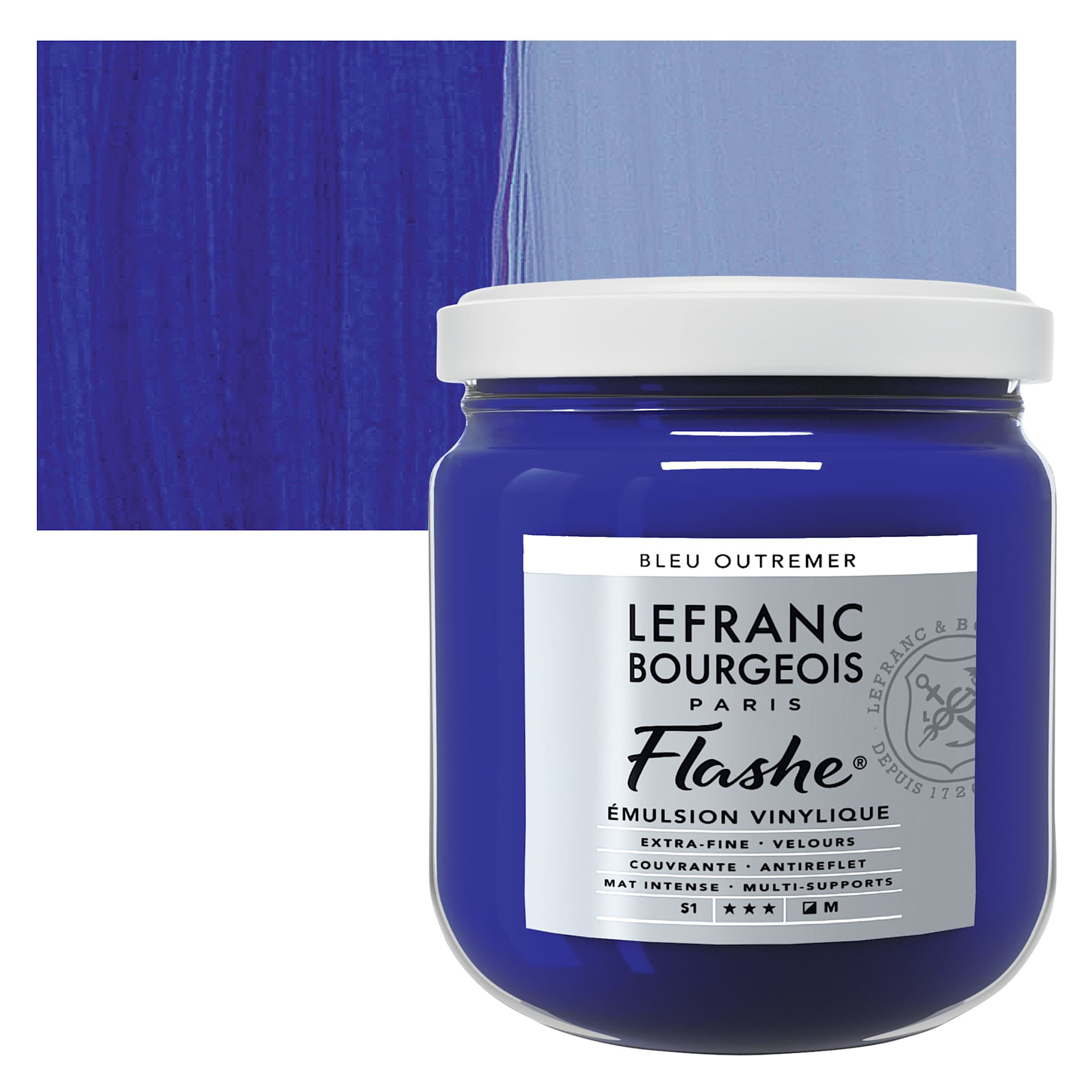 Lefranc & Bourgeois Flashe Vinyl Paint - Ultramarine Blue, 400 ml jar and swatch