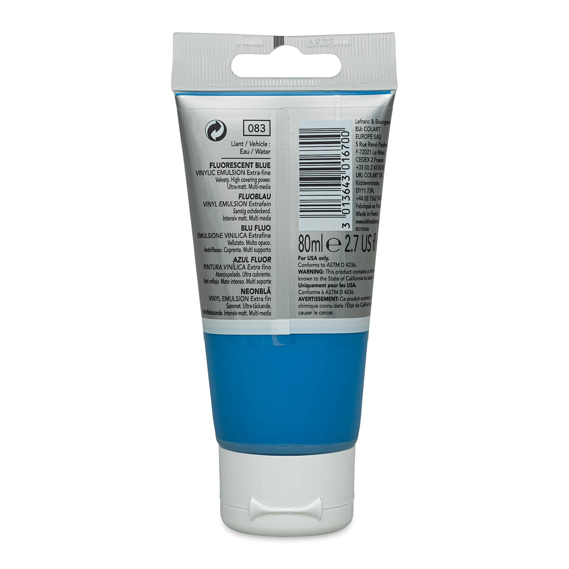 Lefranc & Bourgeois Flashe Vinyl Paint - Fluorescent Blue, 80 ml tube (back of tube)