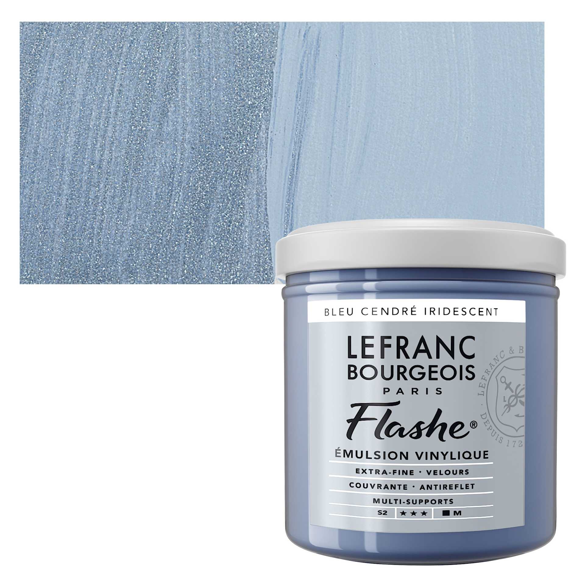 Lefranc & Bourgeois Flashe Vinyl Paint - Iridescent Ash Blue, 125 ml jar and swatch