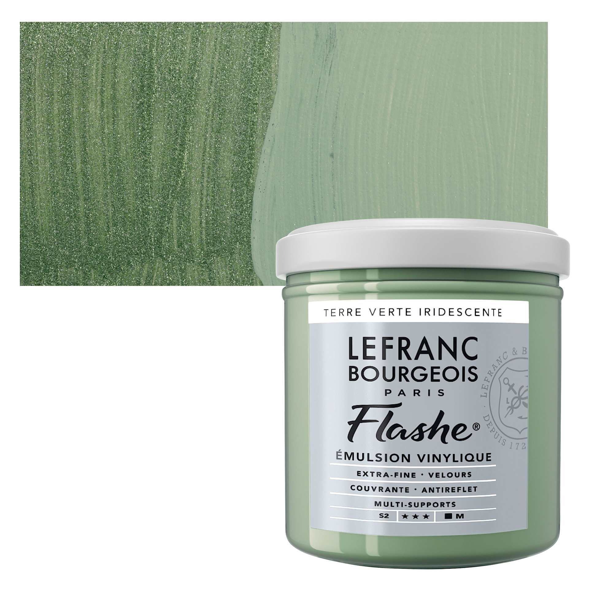 Lefranc & Bourgeois Flashe Vinyl Paint - Iridescent Green Earth, 125 ml jar and swatch