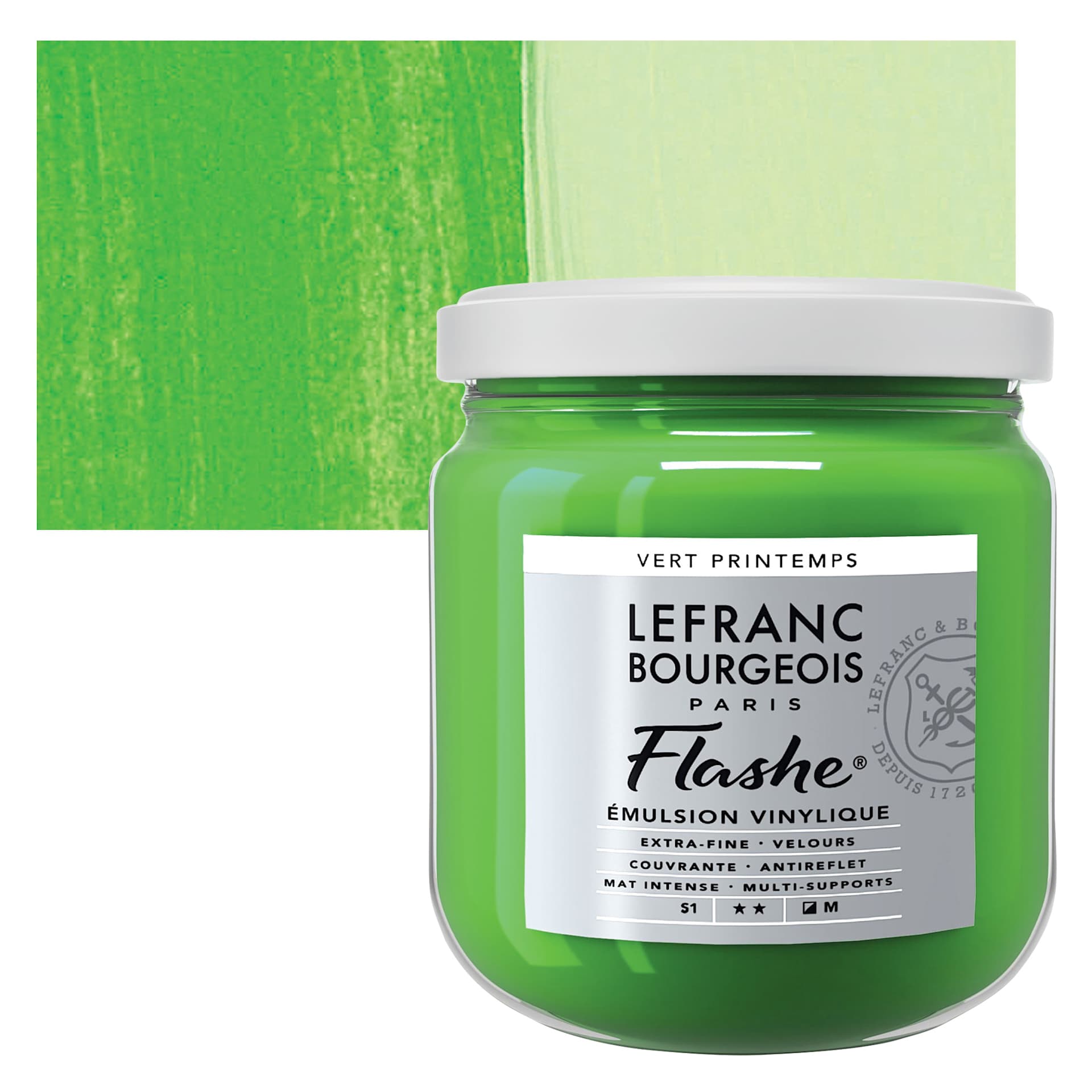 Lefranc & Bourgeois Flashe Vinyl Paint - Spring Green, 400 ml jar and swatch