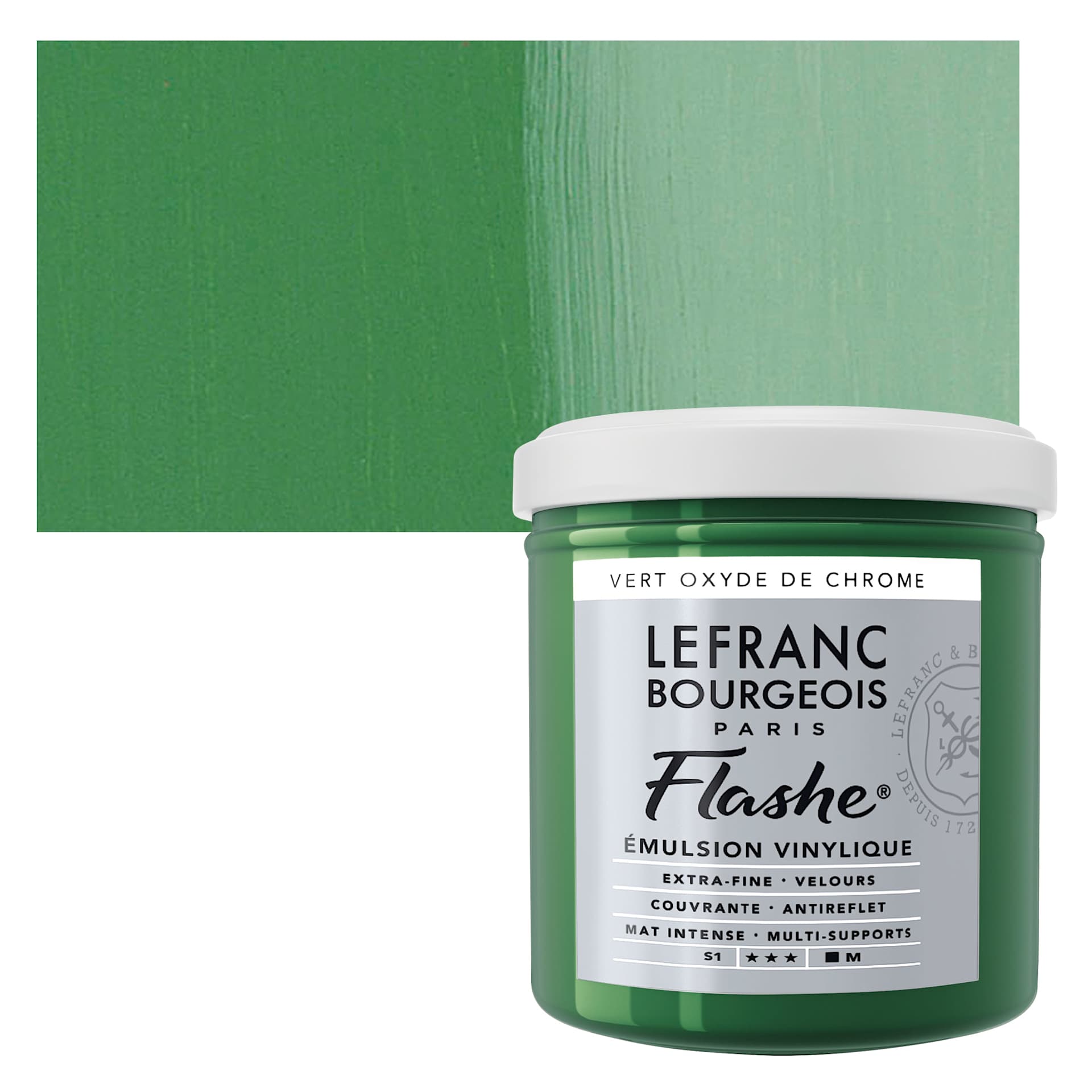 Lefranc & Bourgeois Flashe Vinyl Paint - Chromium Oxide Green, 125 ml jar and swatch