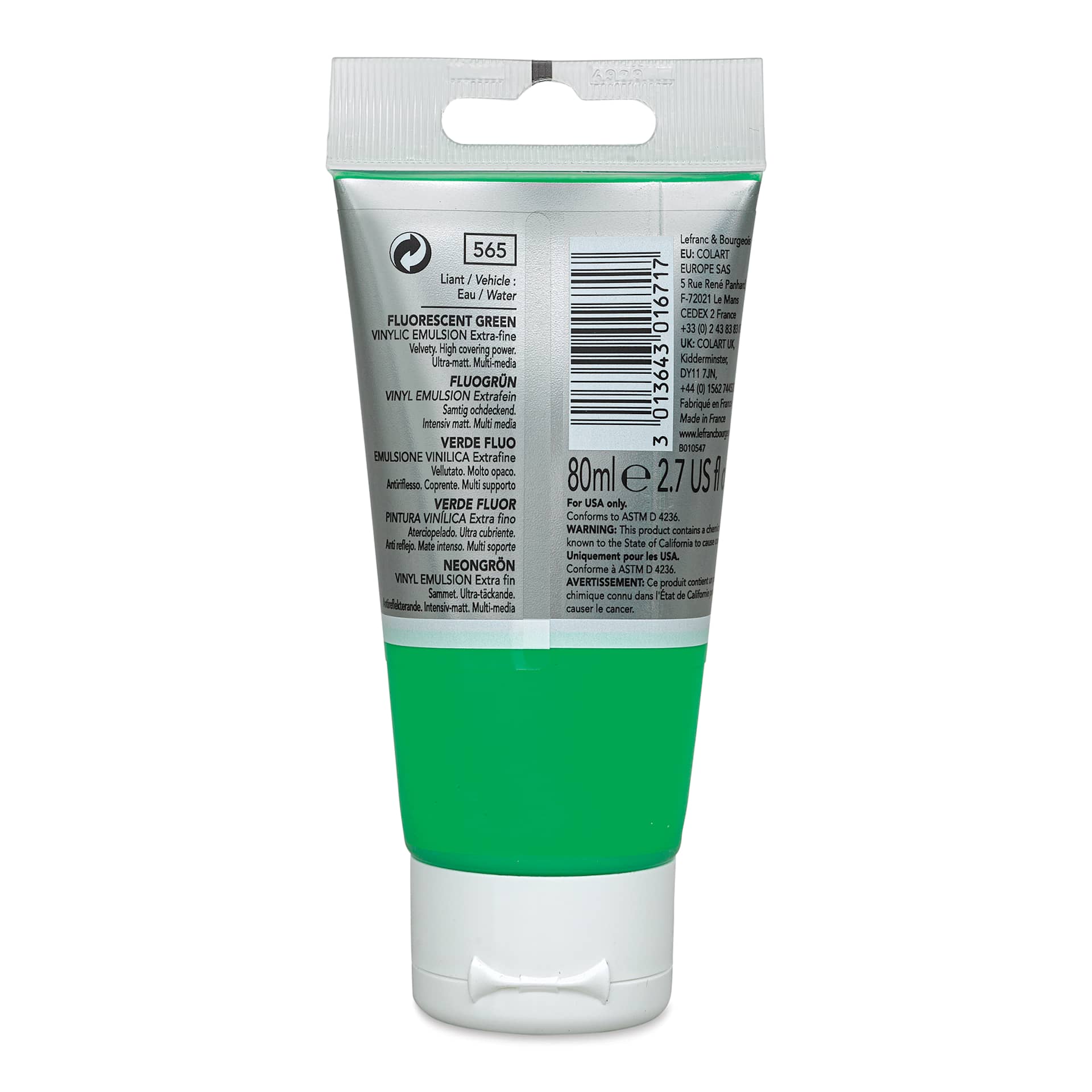 Lefranc & Bourgeois Flashe Vinyl Paint - Fluorescent Green, 80 ml tube (back of tube)