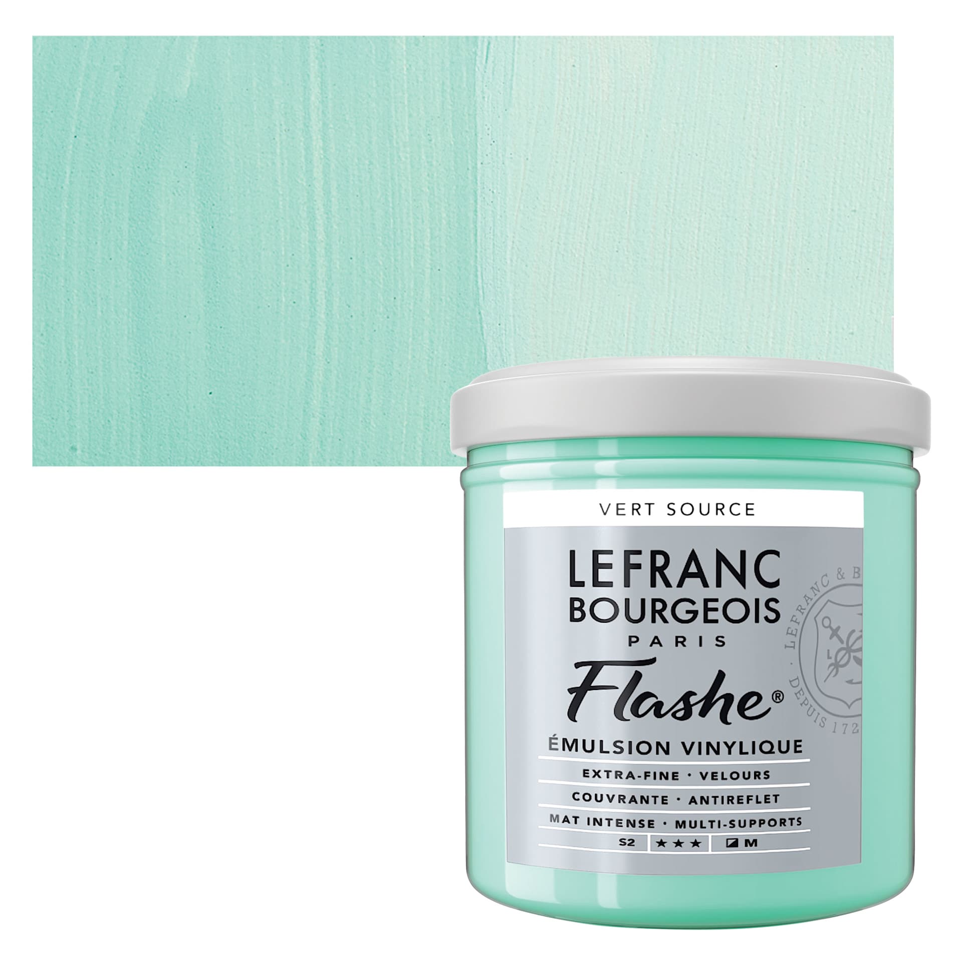 Lefranc & Bourgeois Flashe Vinyl Paint - Water Green, 125 ml jar and swatch