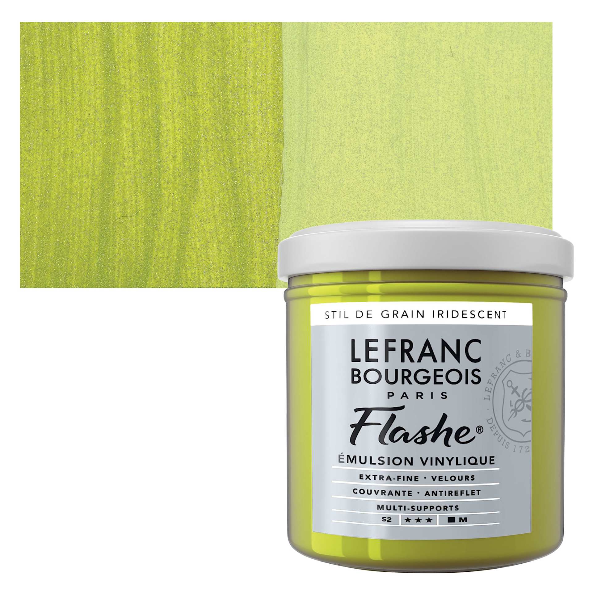 Lefranc & Bourgeois Flashe Vinyl Paint - Iridescent Stil de Grain Green, 125 ml jar and swatch