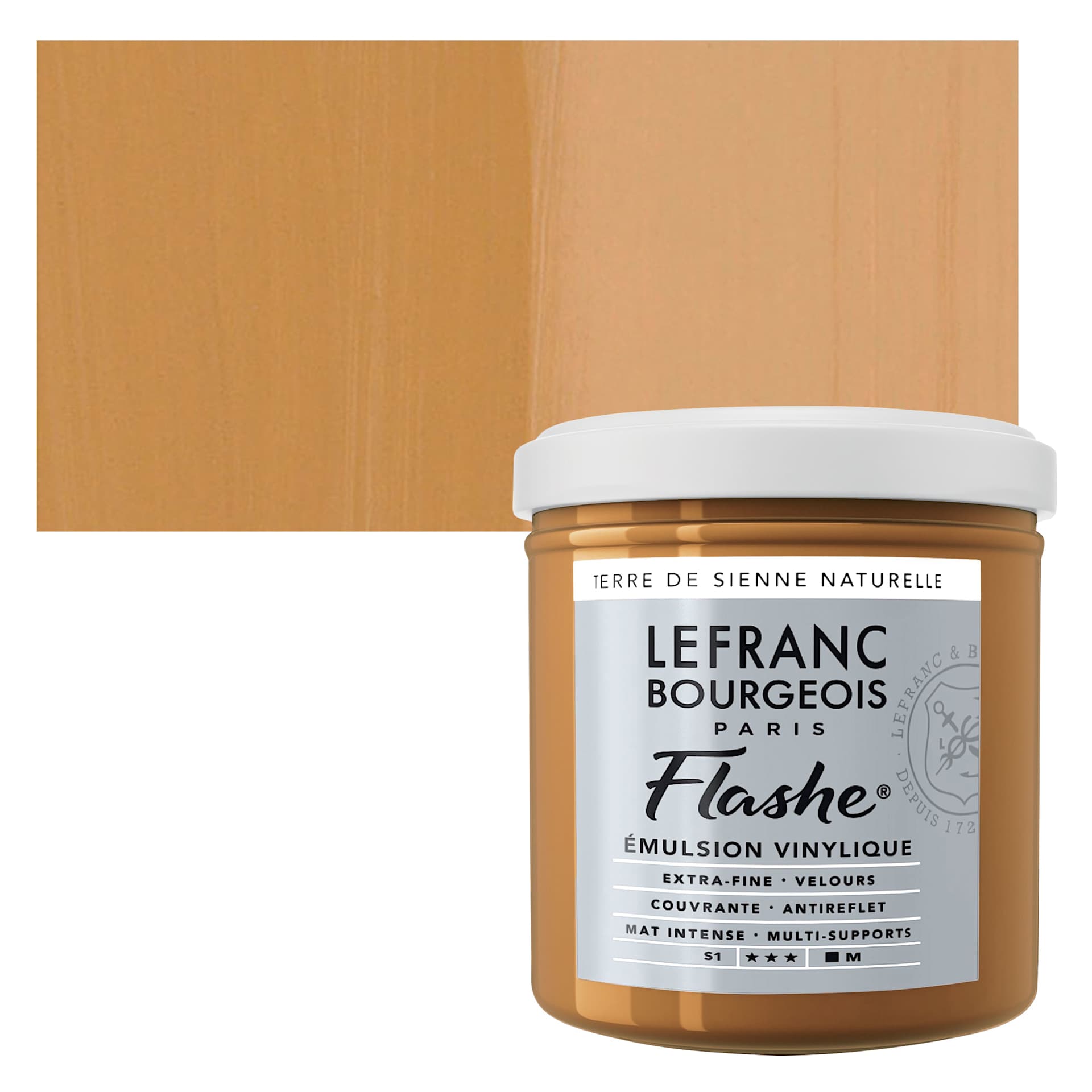 Lefranc & Bourgeois Flashe Vinyl Paint - Raw Sienna, 125 ml jar and swatch