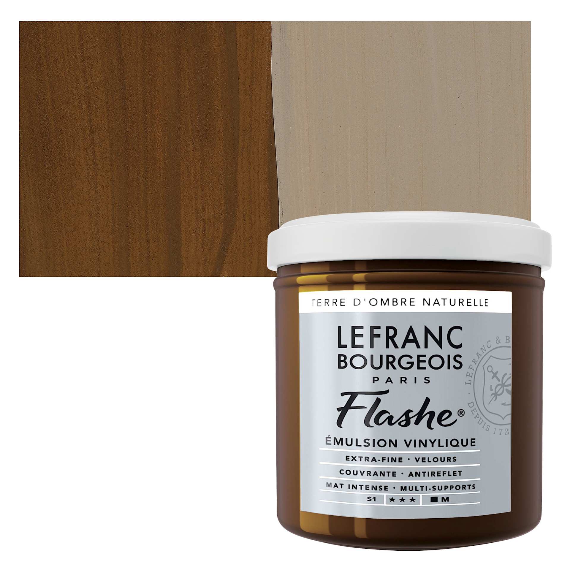 Lefranc & Bourgeois Flashe Vinyl Paint - Raw Umber, 125 ml jar and swatch