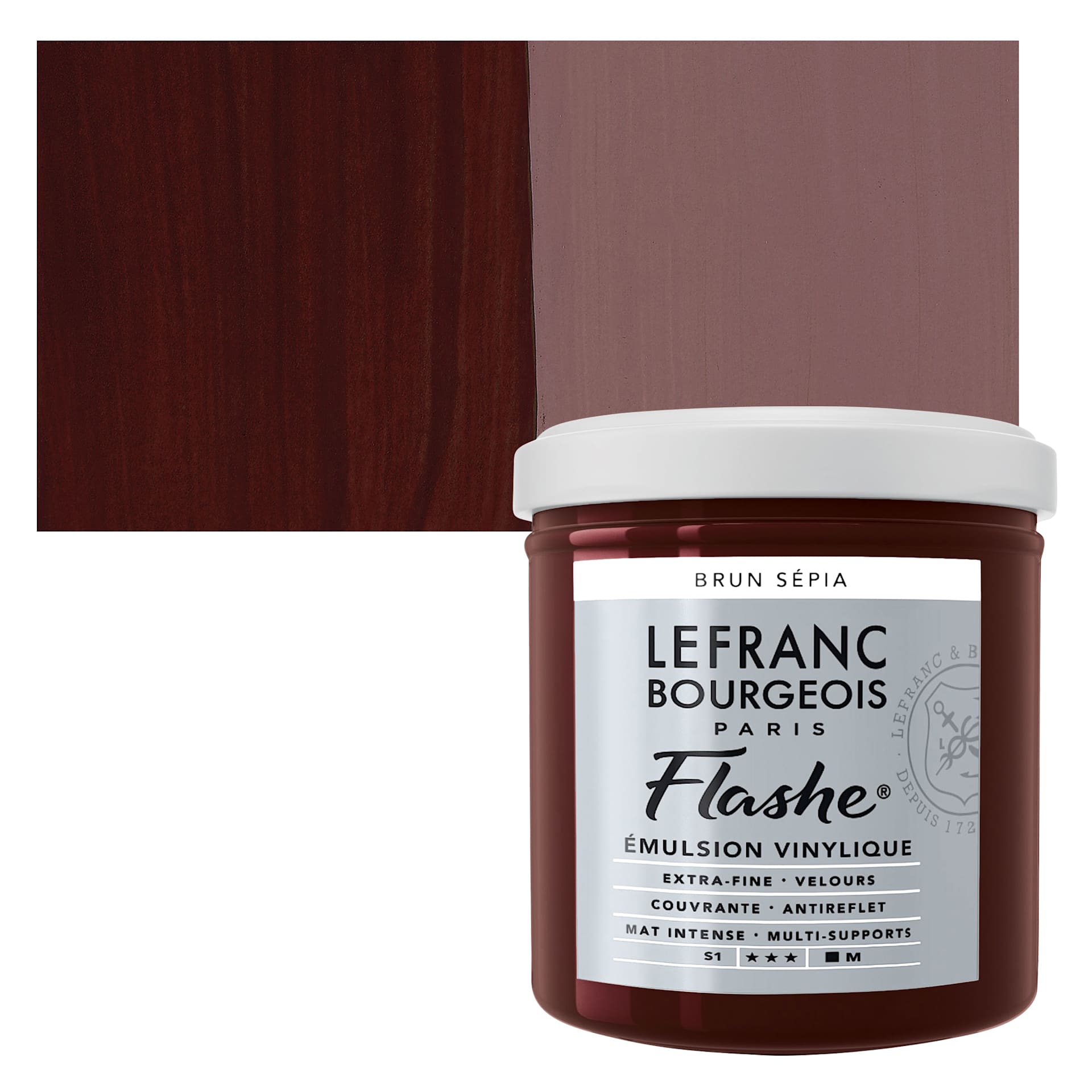 Lefranc & Bourgeois Flashe Vinyl Paint - Sepia Brown, 125 ml jar and swatch