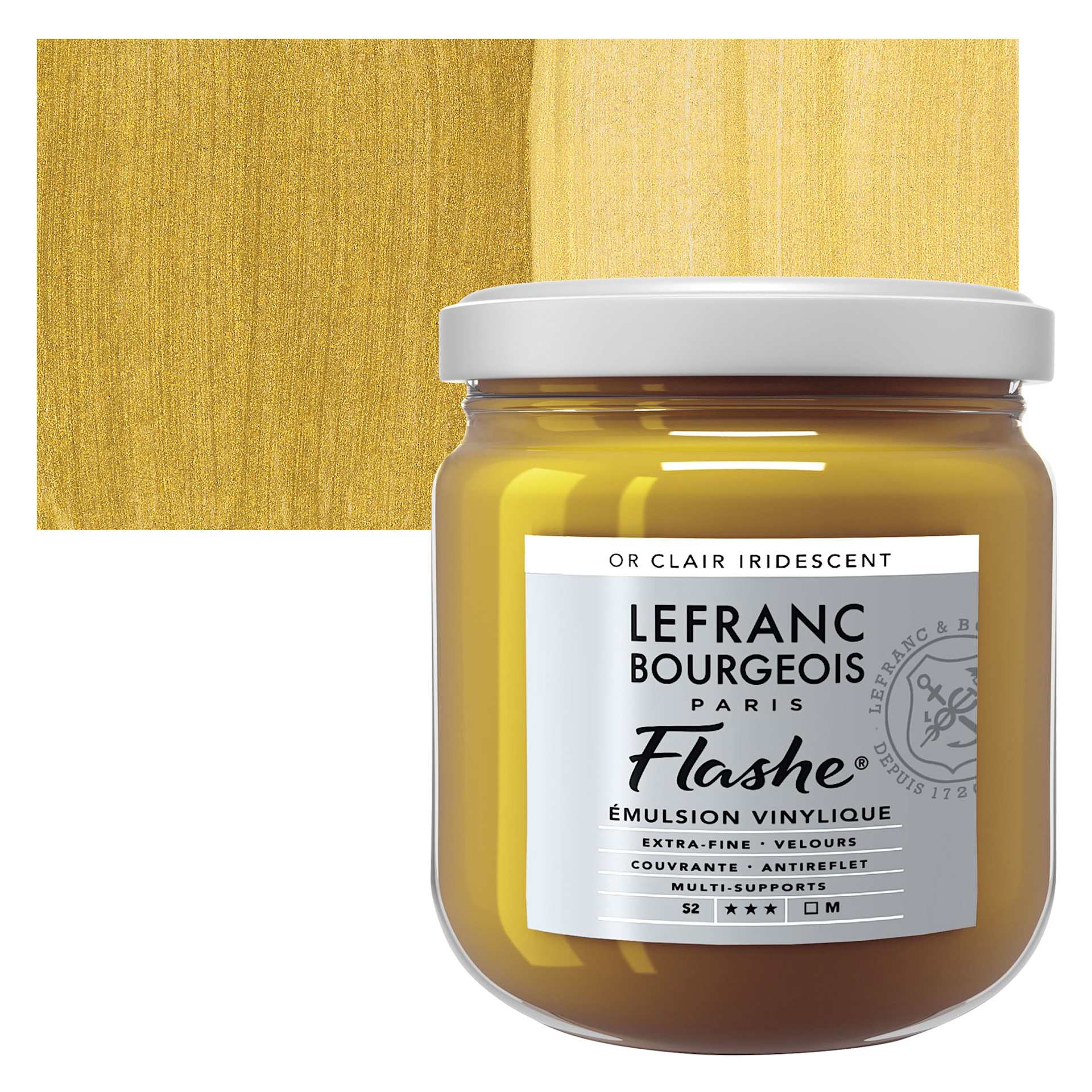 Lefranc & Bourgeois Flashe Vinyl Paint - Iridescent Light Gold, 400 ml jar and swatch