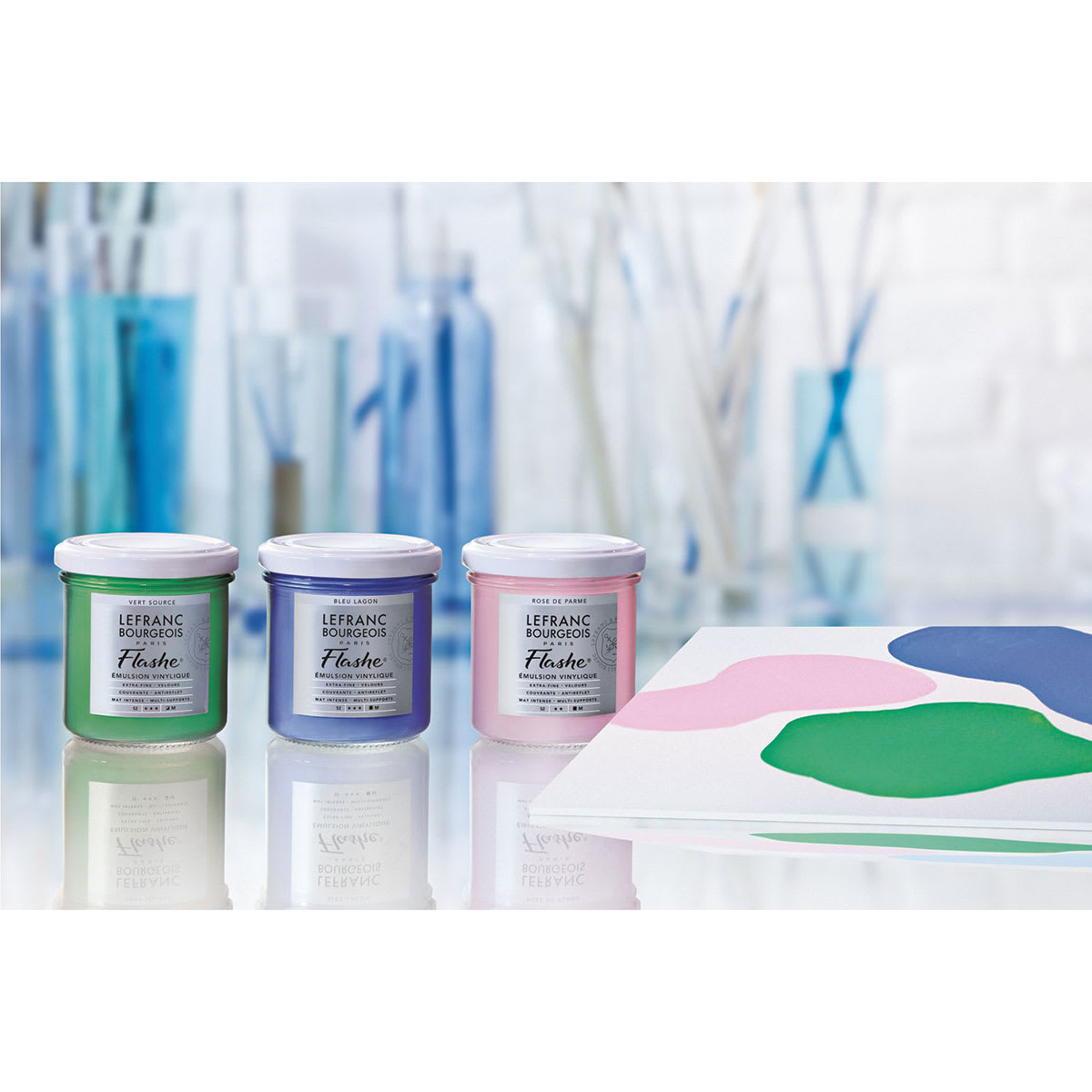 Lefranc Bourgeois Flashe Vinyl Paint - Paint swatches shown with 3 Vinyl paint jars