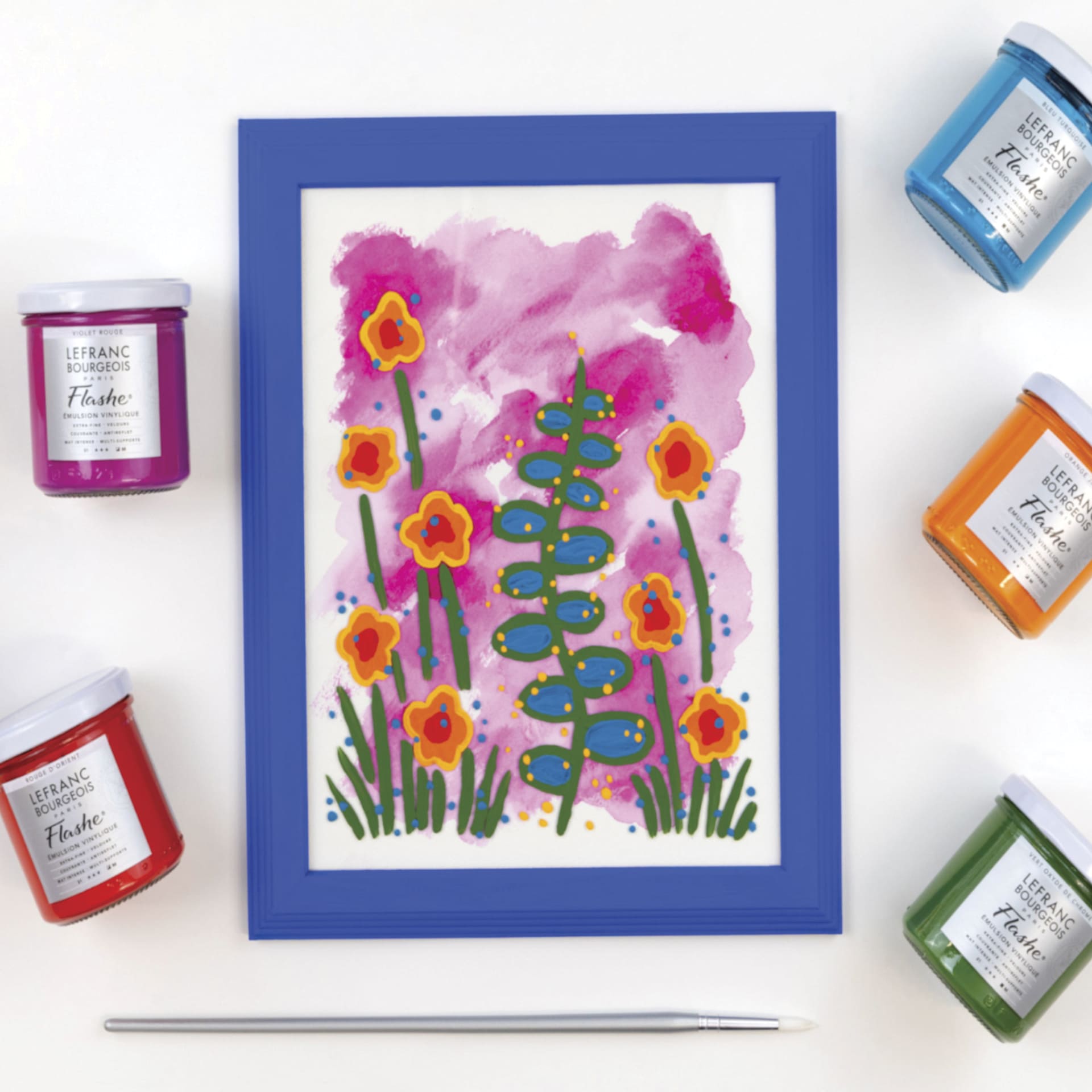 Lefranc Bourgeois Flashe Vinyl Paint jars surrounding a painting of flowers