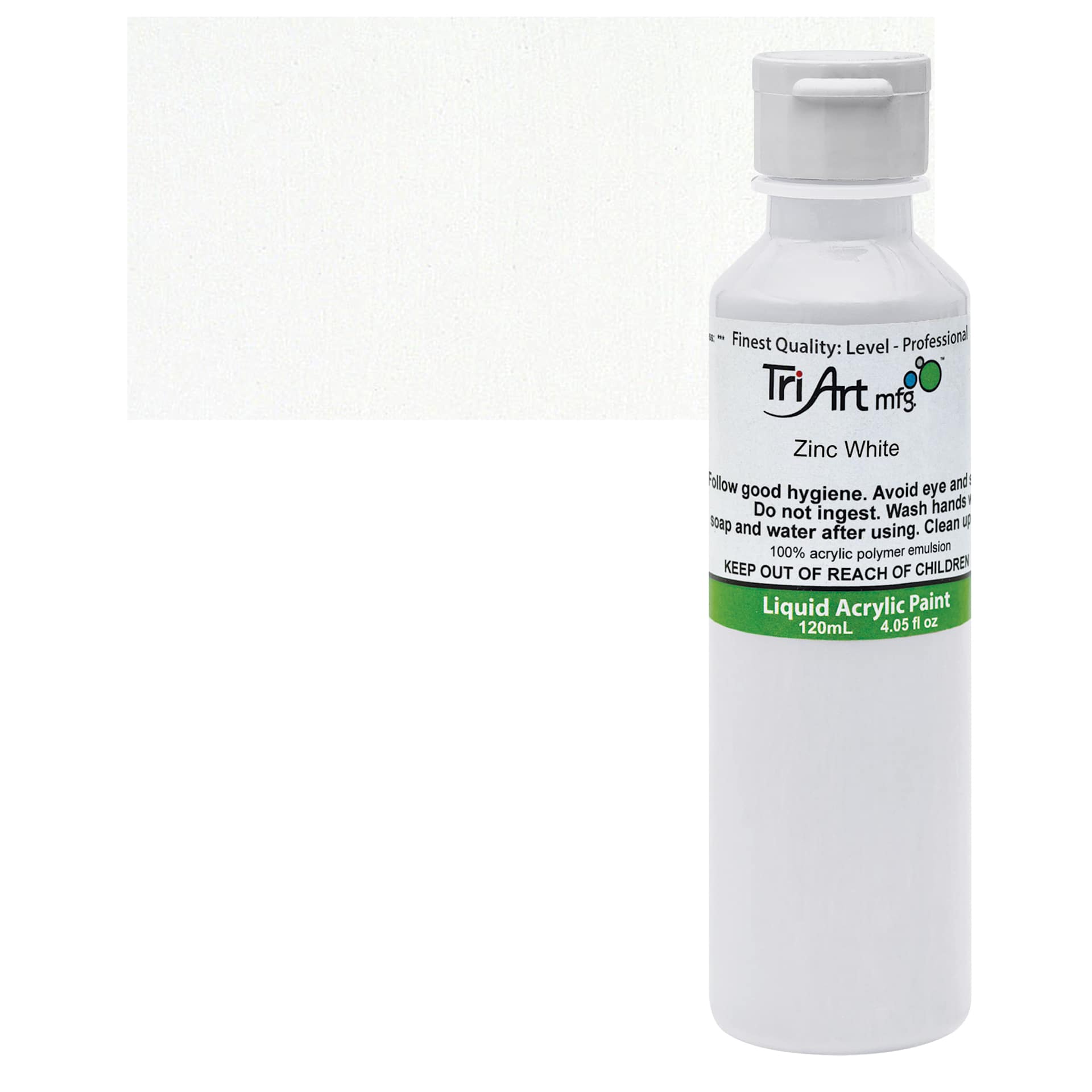 Tri-Art Liquid Artist Acrylic - Zinc Mixing White, 120 ml bottle and swatch