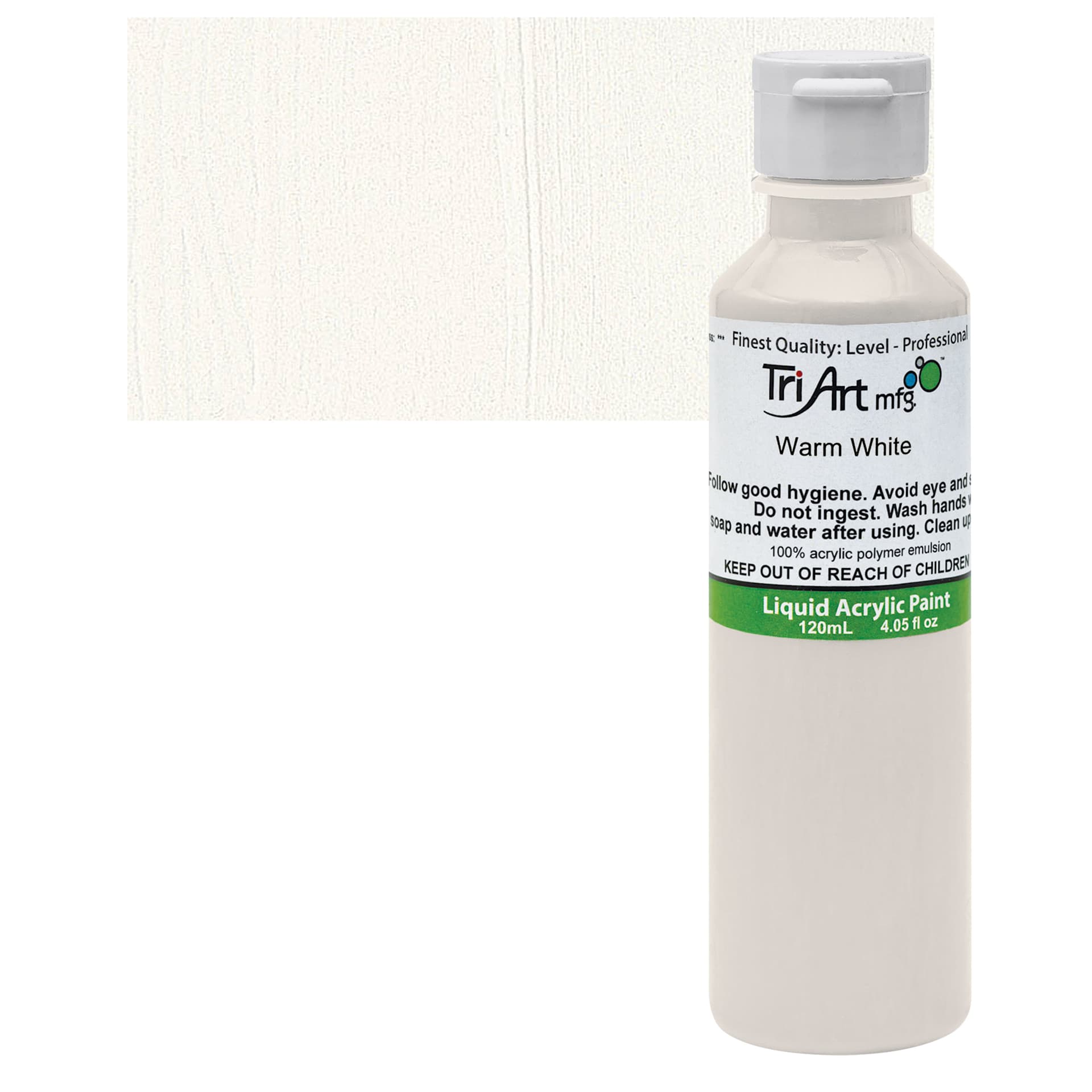 Tri-Art Liquid Artist Acrylic - Warm White, 120 ml bottle and swatch