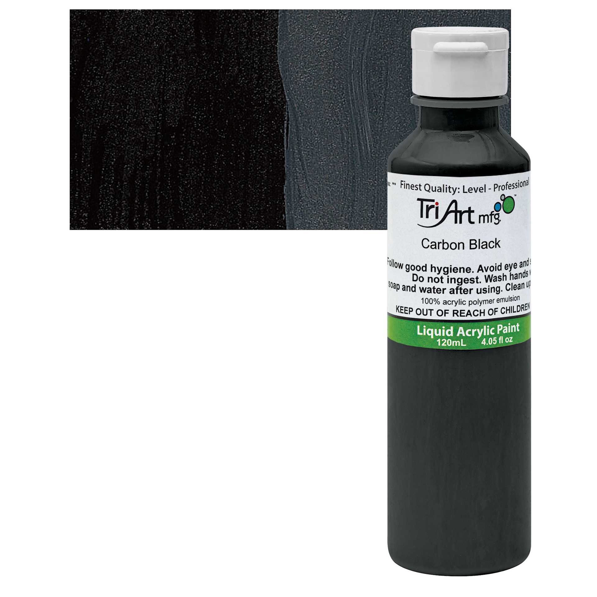 Tri-Art Liquid Artist Acrylic - Carbon Black, 120 ml bottle and swatch