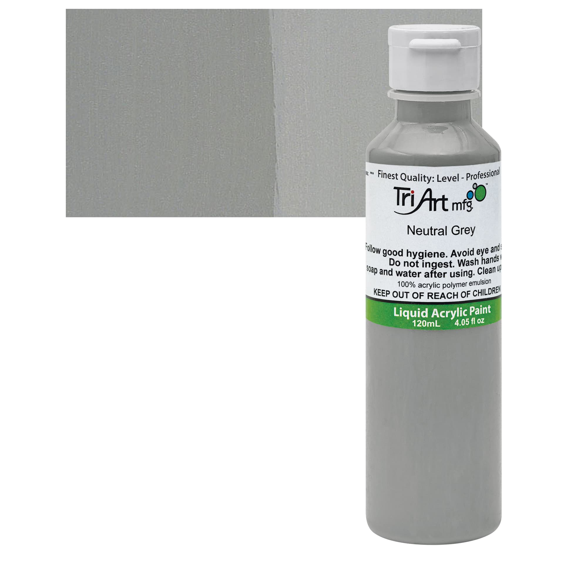 Tri-Art Liquid Artist Acrylic - Neutral Gray, 120 ml bottle and swatch