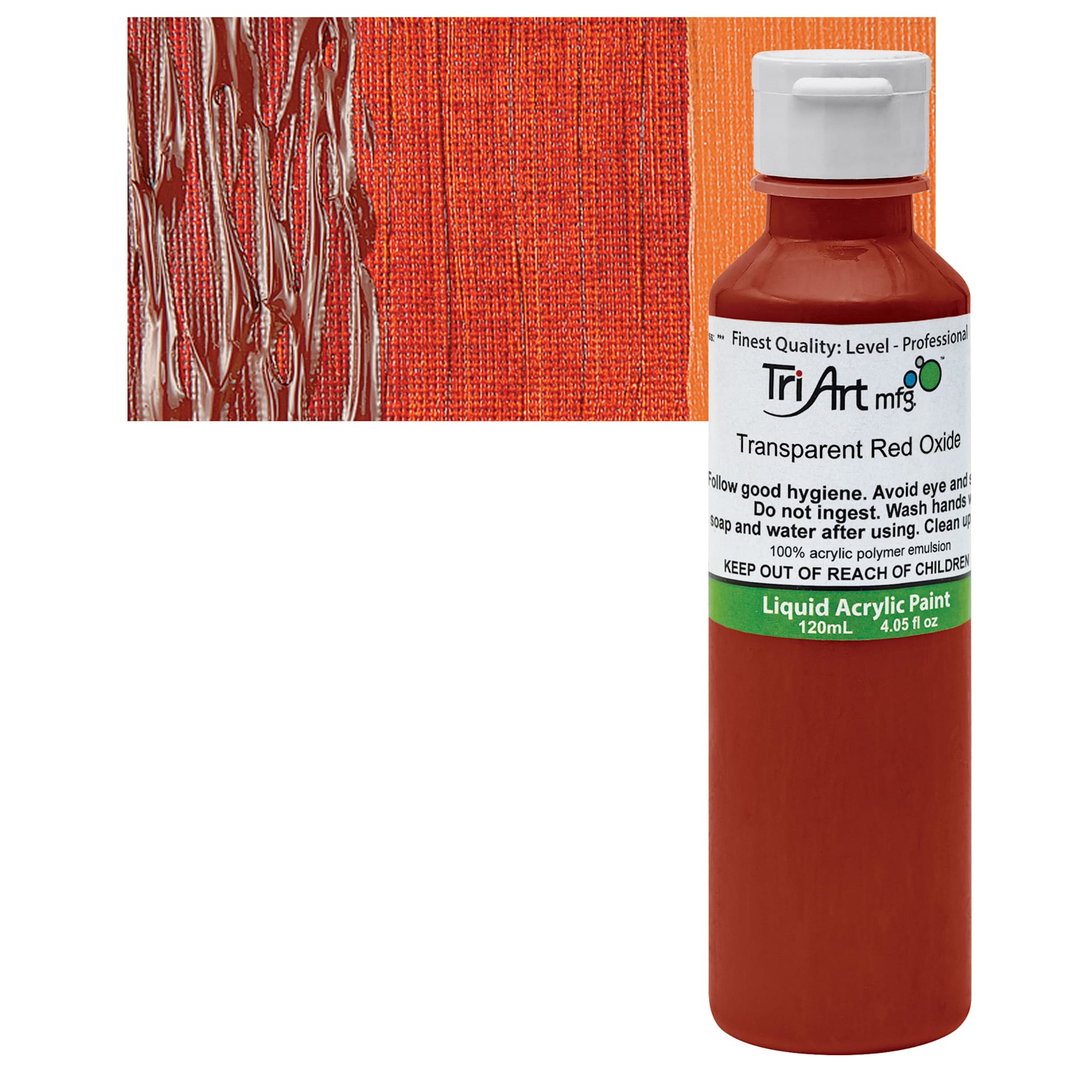 Tri-Art Liquid Artist Acrylic - Transparent Red Oxide, 120 ml bottle and swatch