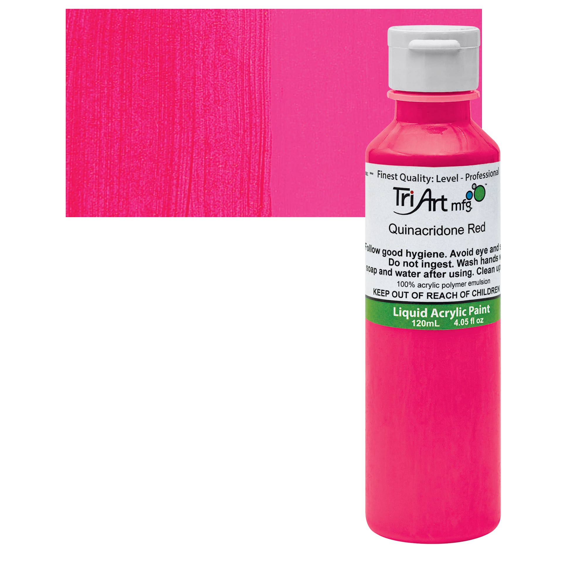Tri-Art Liquid Artist Acrylic - Quinacridone Red, 120 ml bottle and swatch