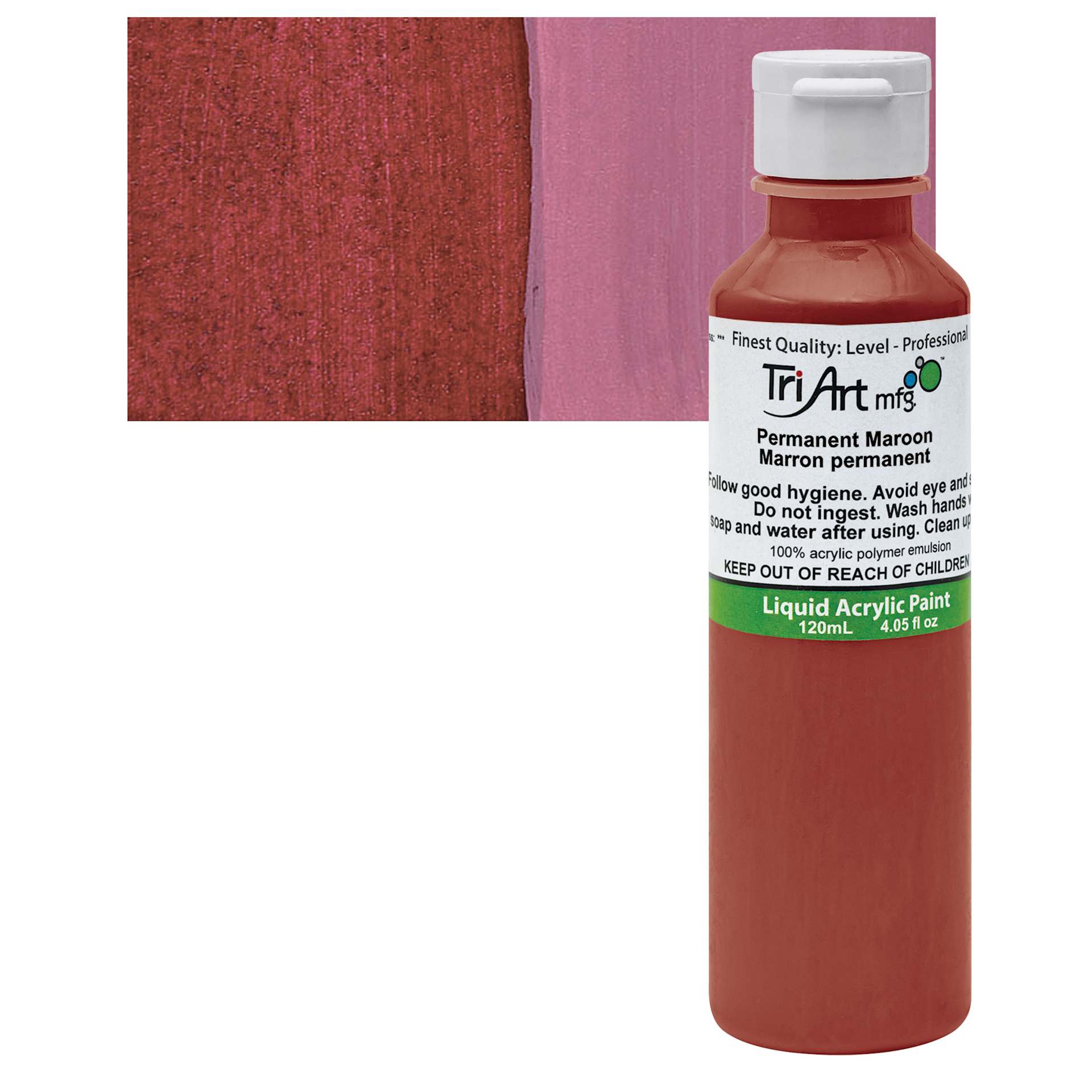 Tri-Art Liquid Artist Acrylic - Permanent Maroon, 120 ml bottle and swatch