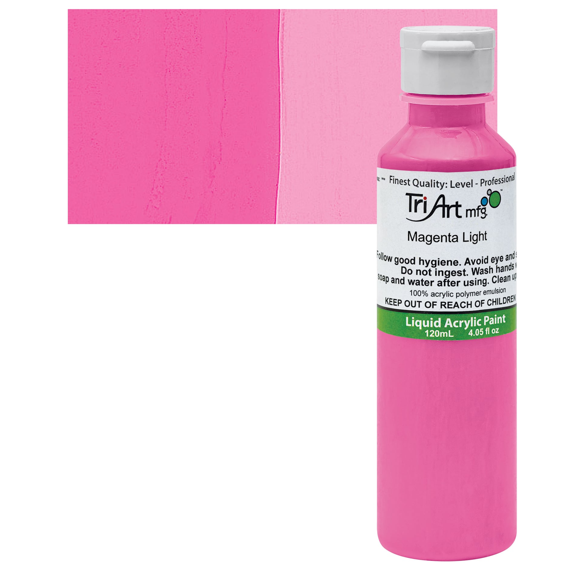 Tri-Art Liquid Artist Acrylic - Magenta Light, 120 ml bottle and swatch