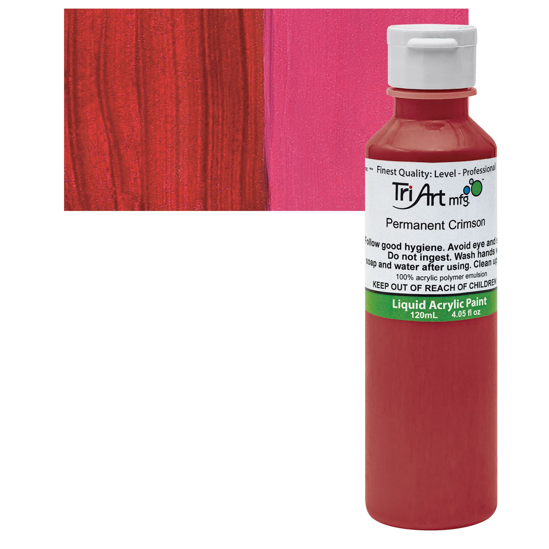 Tri-Art Liquid Artist Acrylic - Permanent Crimson, 120 ml bottle and swatch