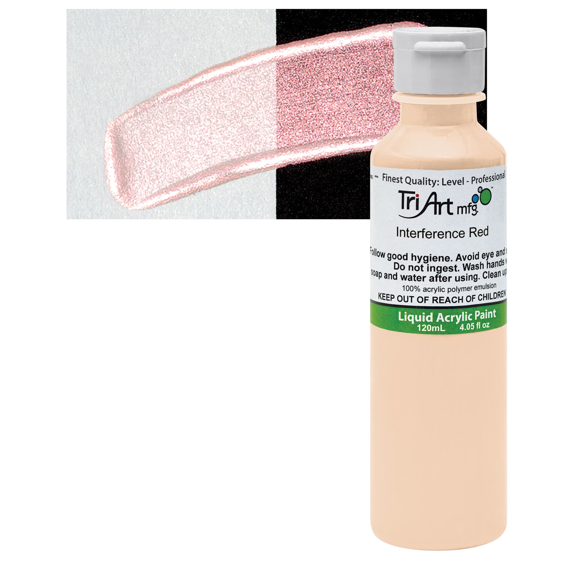 Tri-Art Liquid Artist Acrylic - Interference Red, 120 ml bottle and swatch