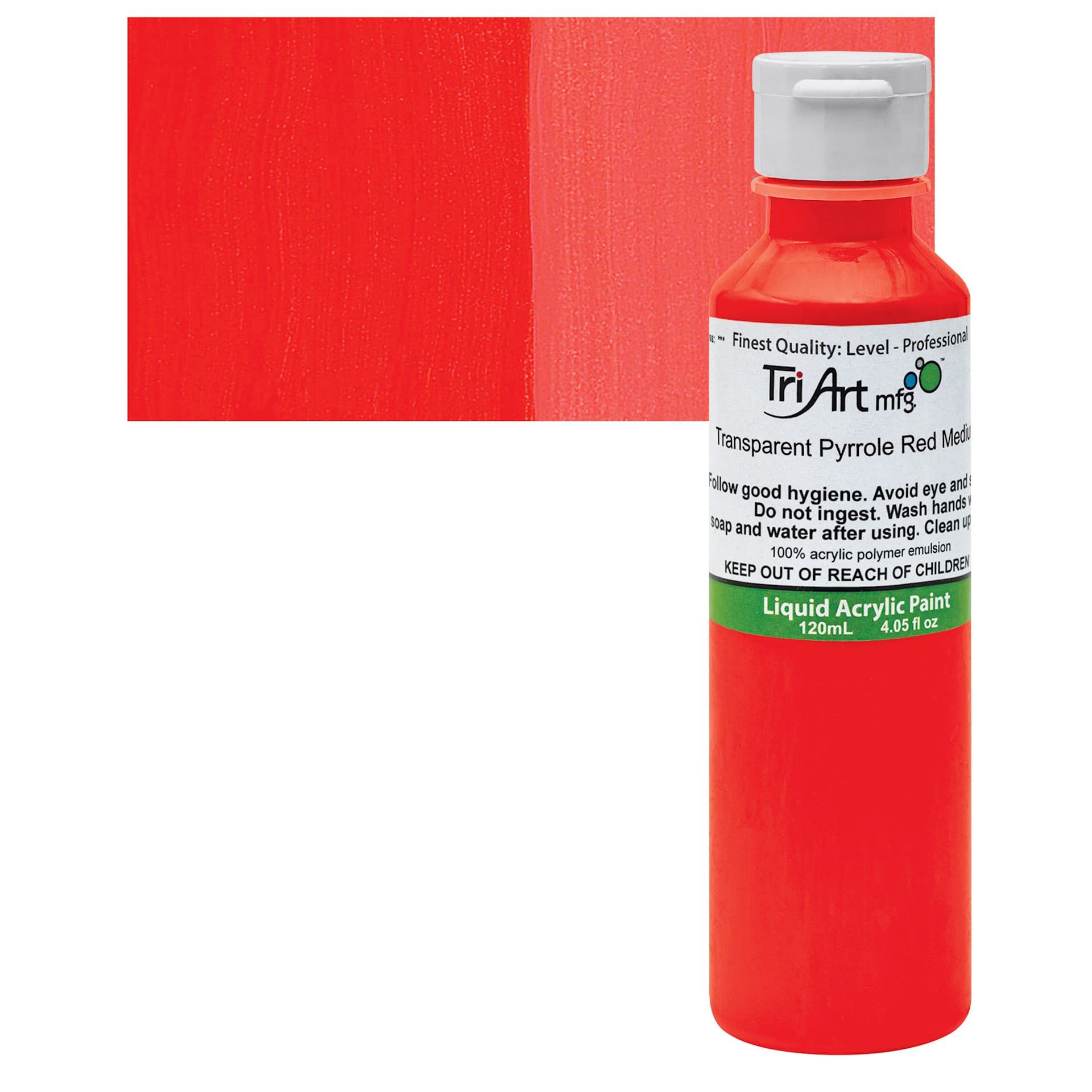 Tri-Art Liquid Artist Acrylic - Transparent Pyrrole Red Medium, 120 ml bottle and swatch