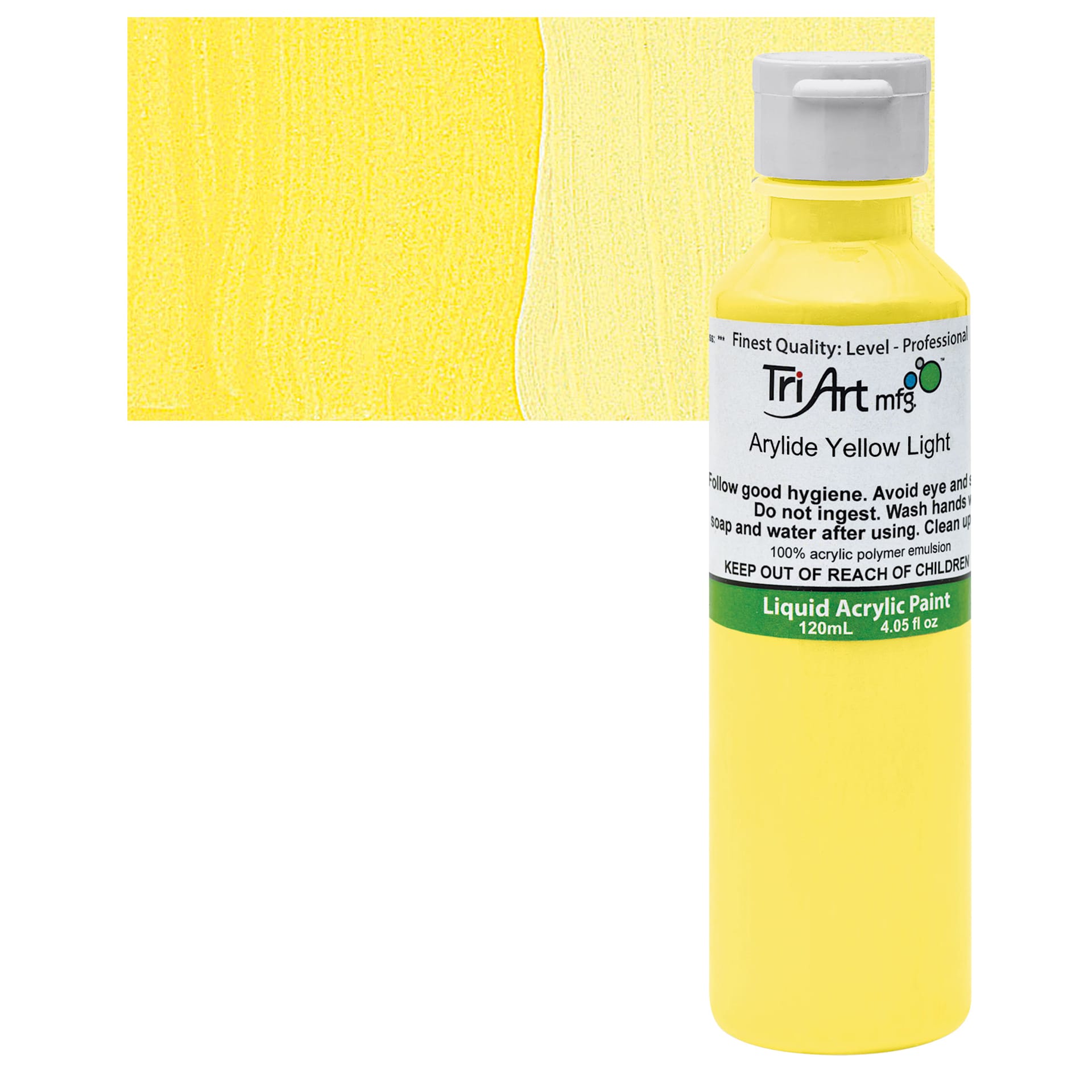 Tri-Art Liquid Artist Acrylic - Arylide Yellow Light, 120 ml bottle and swatch