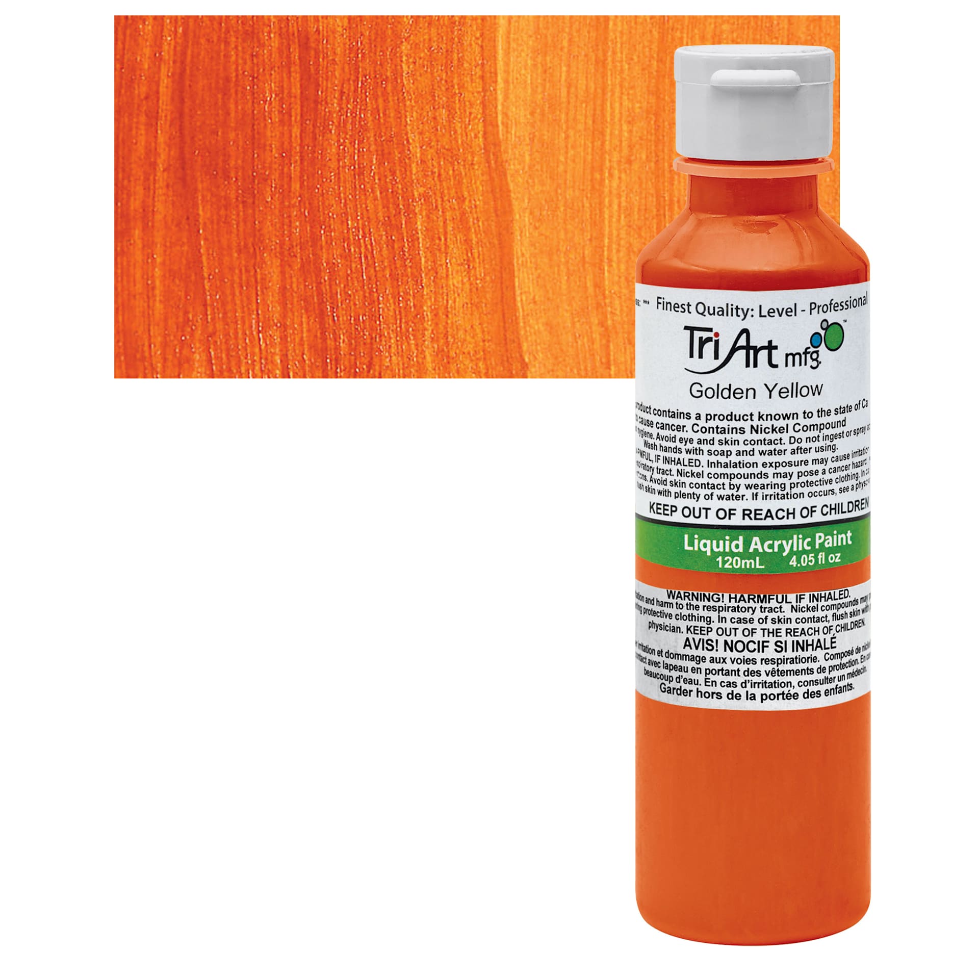 Tri-Art Liquid Artist Acrylic - Golden Yellow, 120 ml bottle and swatch