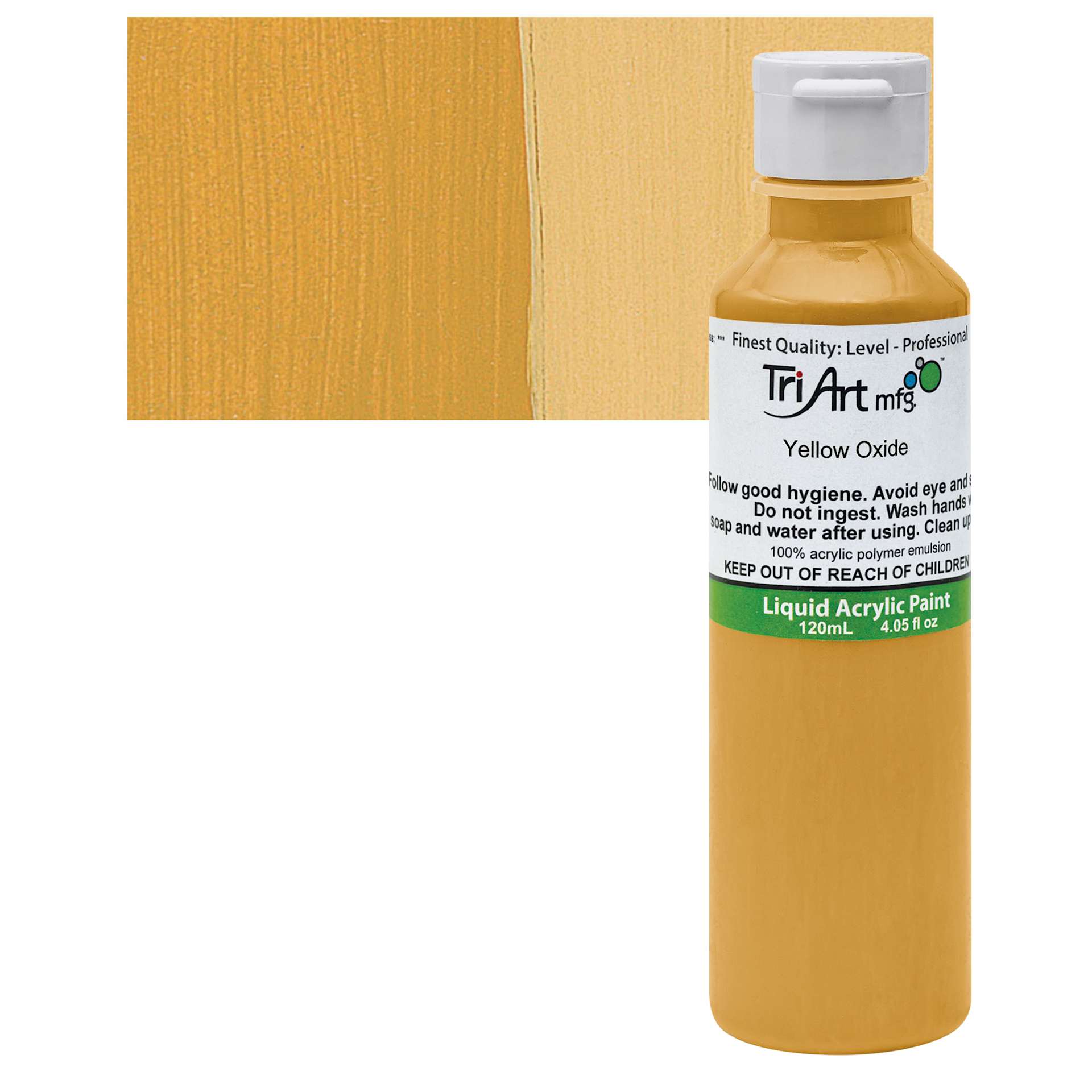 Tri-Art Liquid Artist Acrylic - Yellow Oxide, 120 ml bottle and swatch