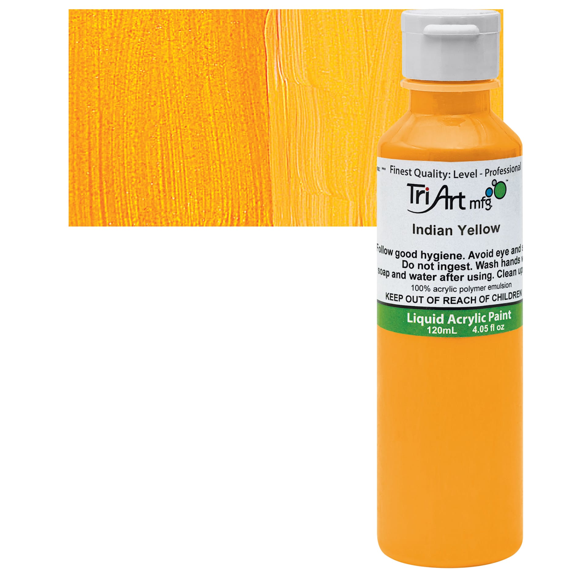Tri-Art Liquid Artist Acrylic - Indian Yellow, 120 ml bottle and swatch