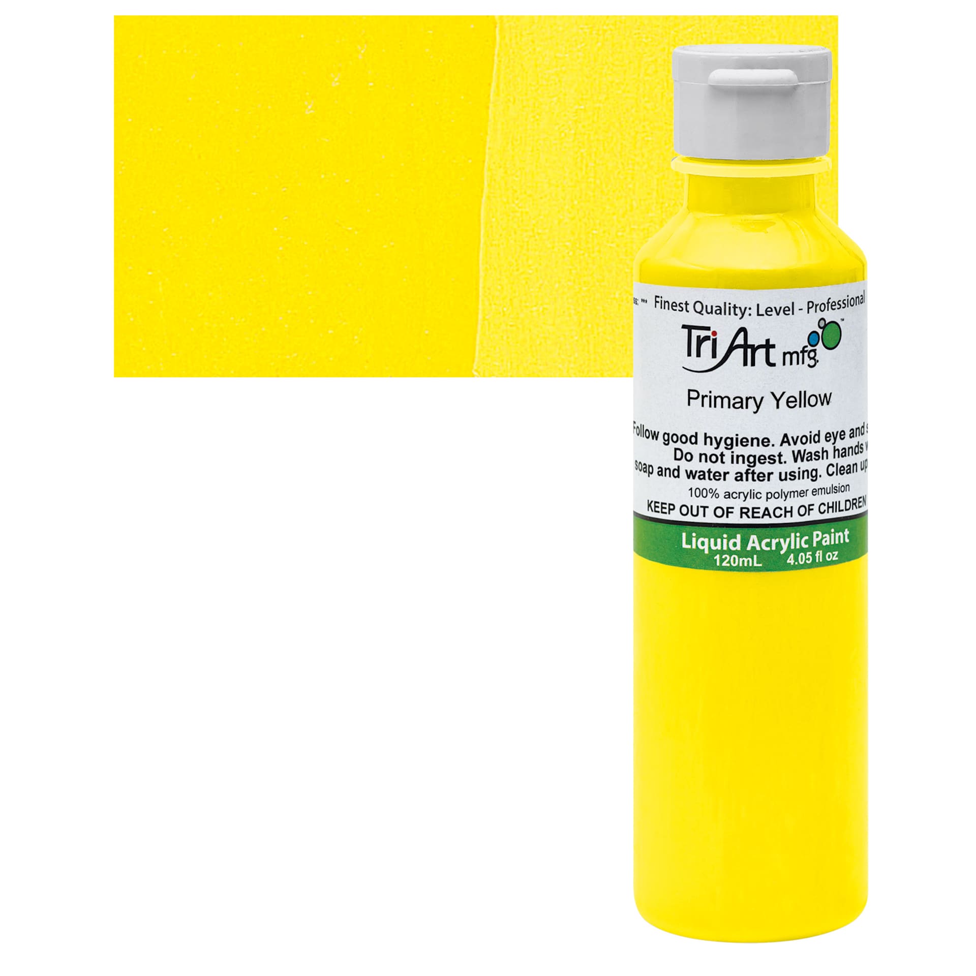 Tri-Art Liquid Artist Acrylic - Primary Yellow, 120 ml bottle and swatch