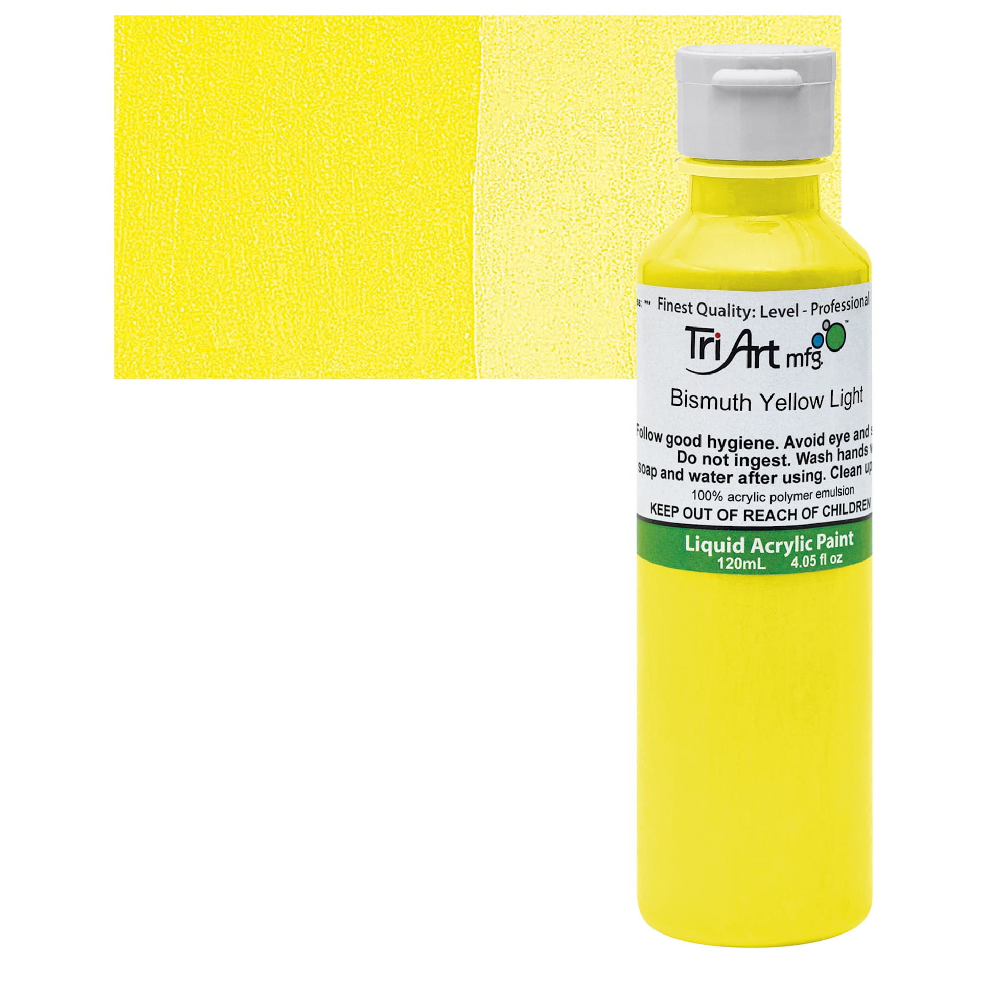 Tri-Art Liquid Artist Acrylic - Bismuth Yellow Light, 120 ml bottle and swatch