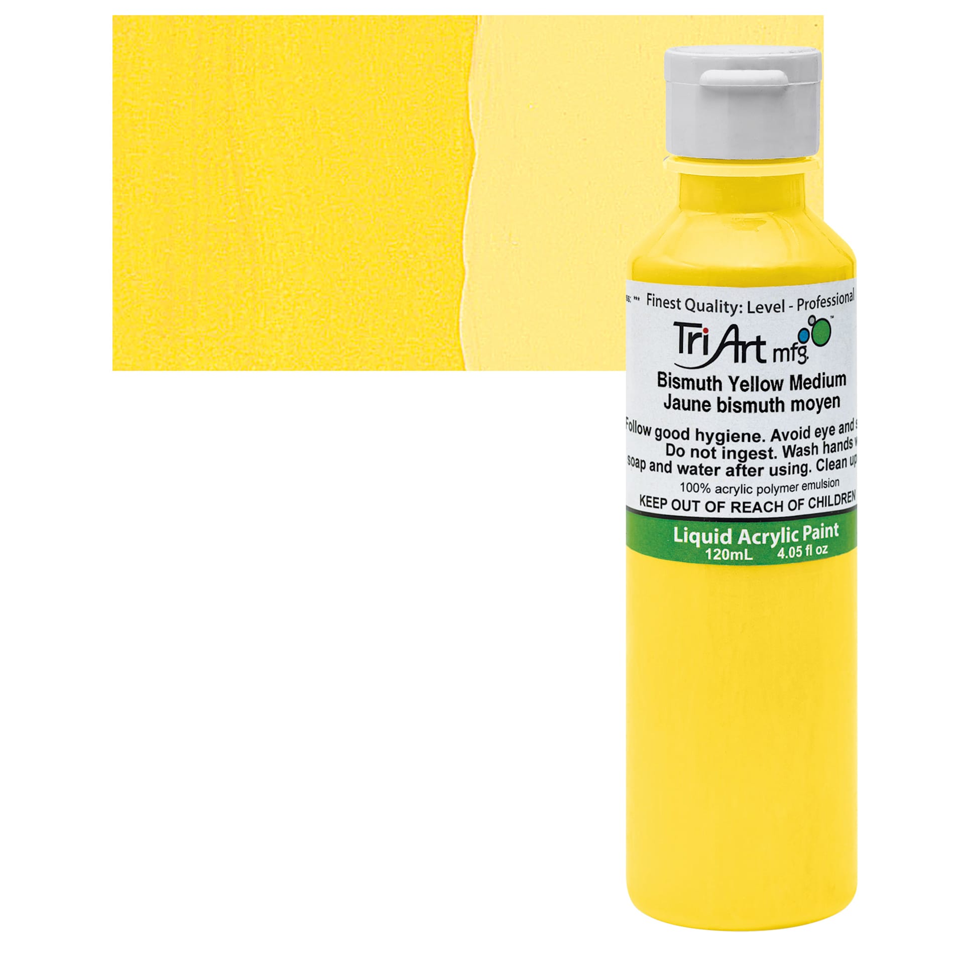 Tri-Art Liquid Artist Acrylic - Bismuth Yellow Medium, 120 ml bottle and swatch