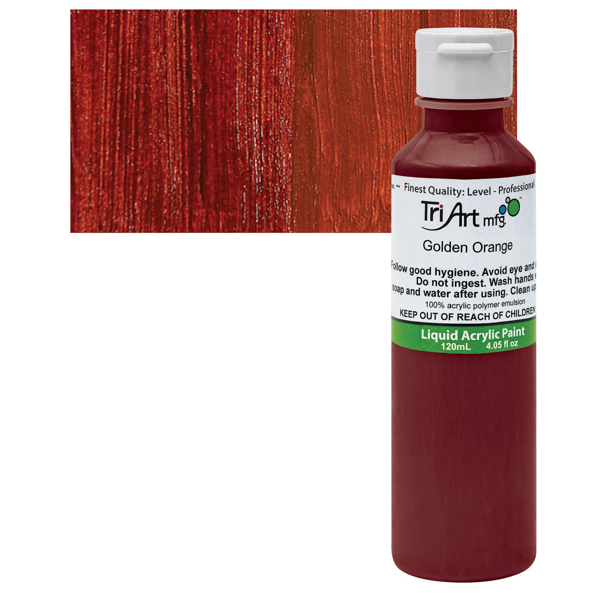 Tri-Art Liquid Artist Acrylic - Golden Orange, 120 ml bottle and swatch
