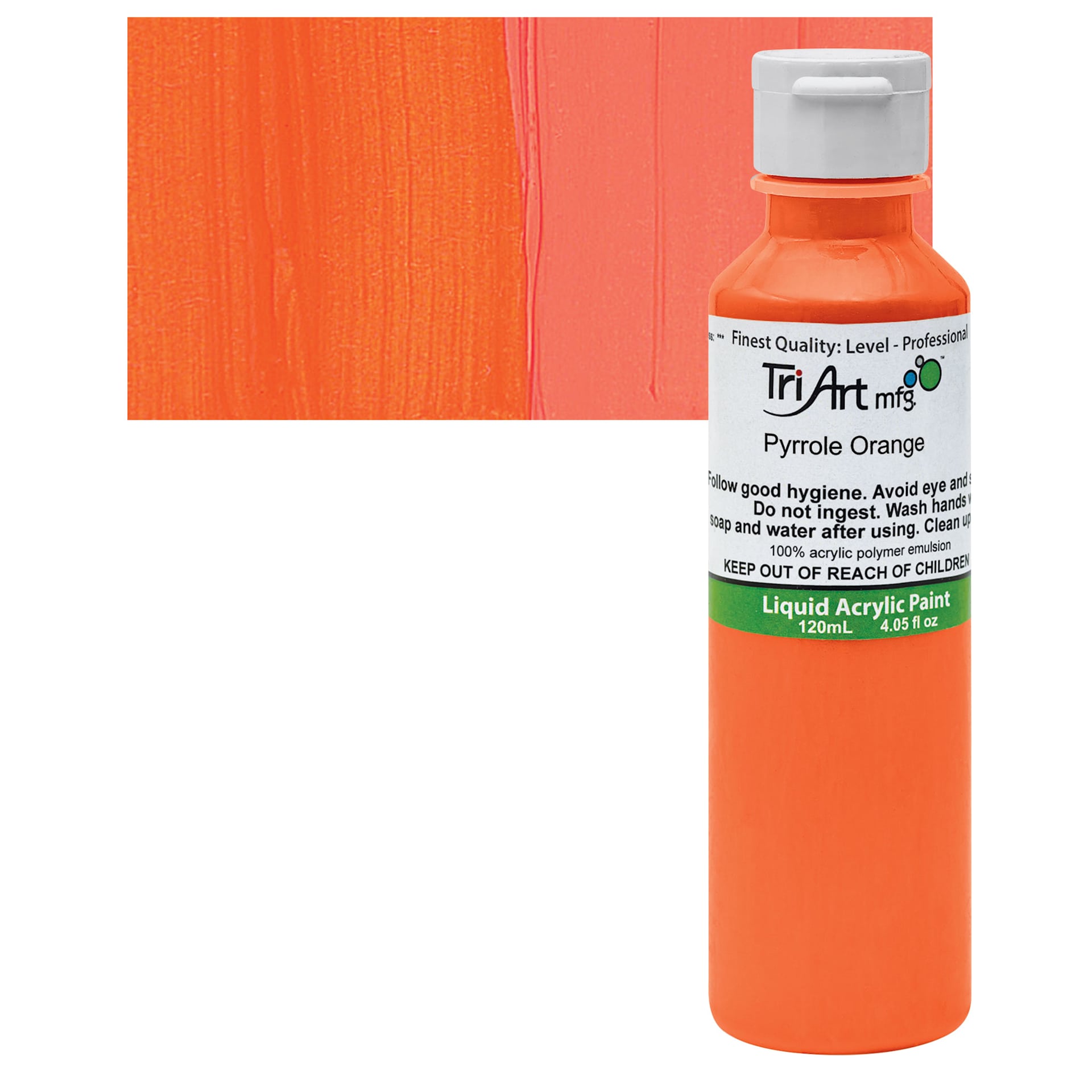Tri-Art Liquid Artist Acrylic - Pyrrole Orange, 120 ml bottle and swatch