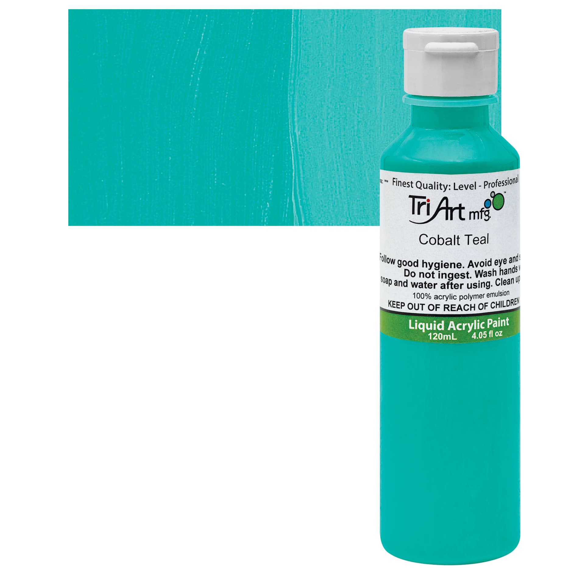 Tri-Art Liquid Artist Acrylic - Cobalt Teal, 120 ml bottle and swatch