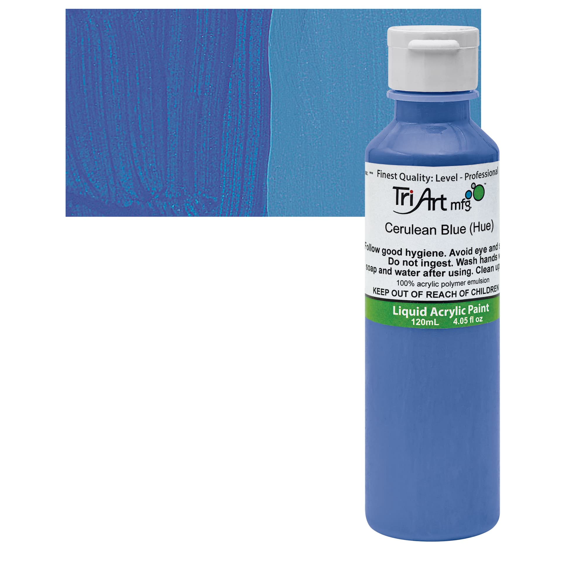 Tri-Art Liquid Artist Acrylic - Cerulean Blue Hue, 120 ml bottle and swatch