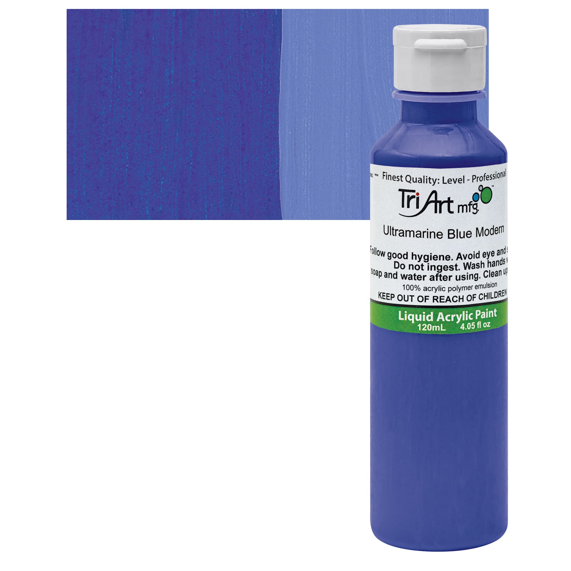 Tri-Art Liquid Artist Acrylic - Ultramarine Blue Modern, 120 ml bottle and swatch